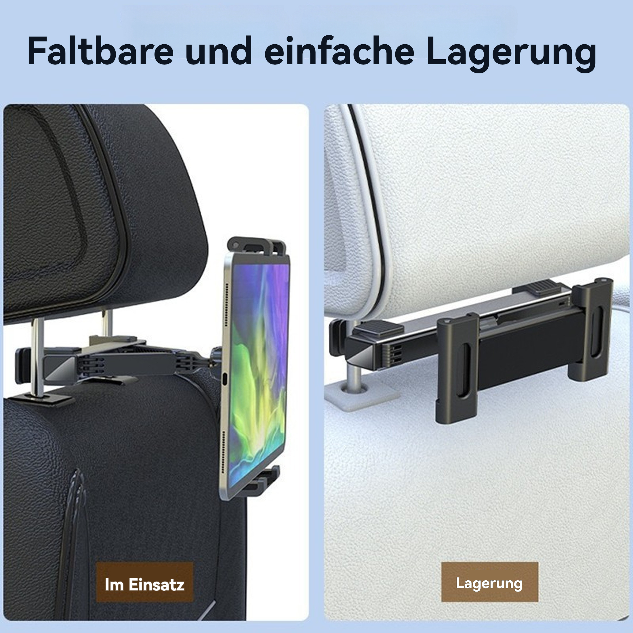 Ein Bild zeigt eine Kopfstützenhalterung für Autos. Eine Seite zeigt ein Tablet in Gebrauch, die andere die Halterung gefaltet.