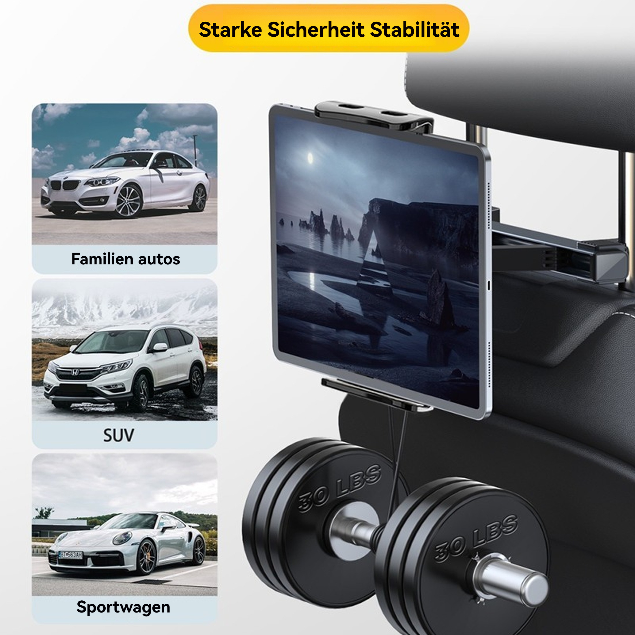 Gezeigt wird eine Tablet-Halterung für die Kopfstütze des Autos, zusammen mit Autos und Gewichtsplatten. Der Text lautet 'Starke Sicherheit Stabilität'.