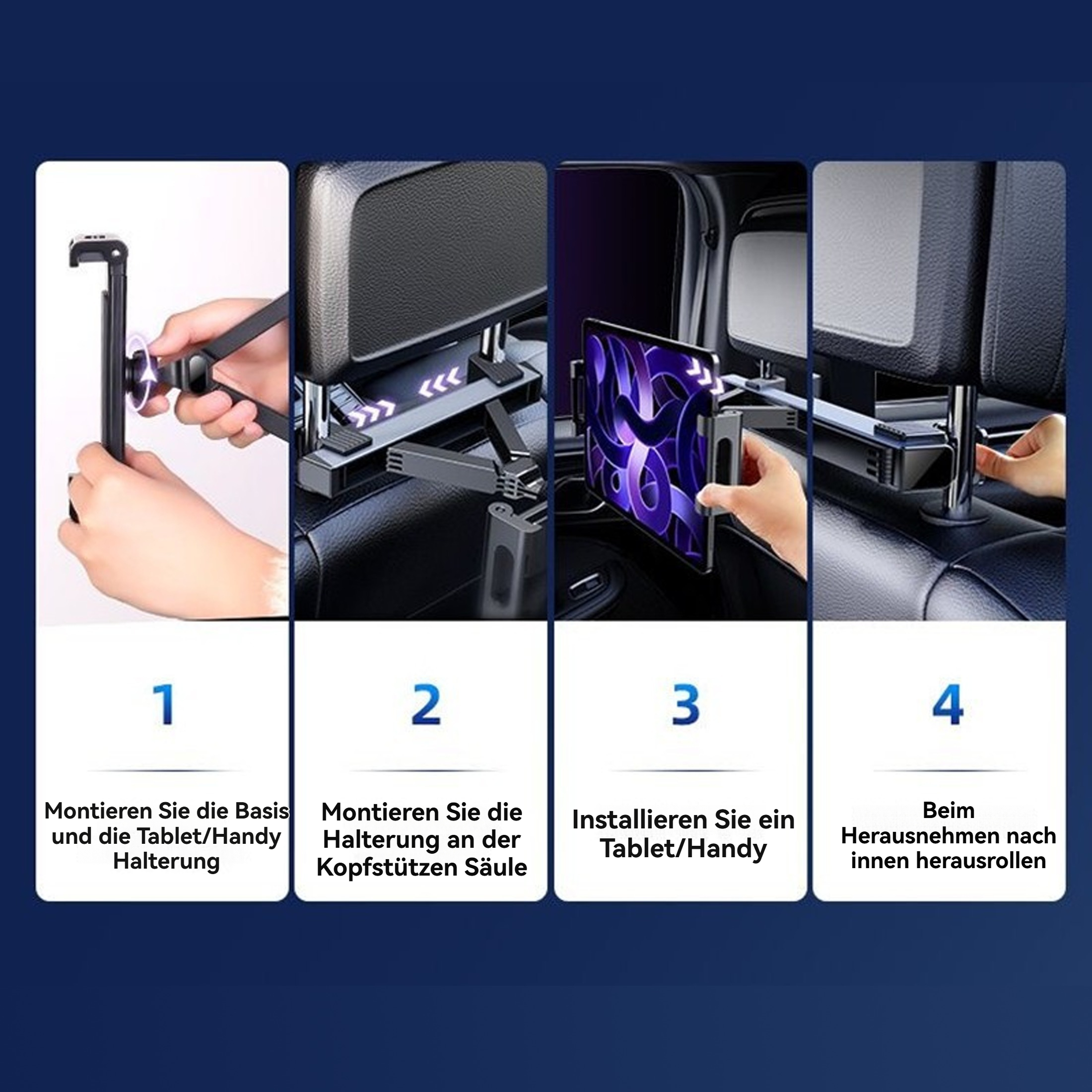 Eine Anleitung zur Installation einer Tablet-Halterung für die Kopfstütze im Auto wird in vier Schritten gezeigt.