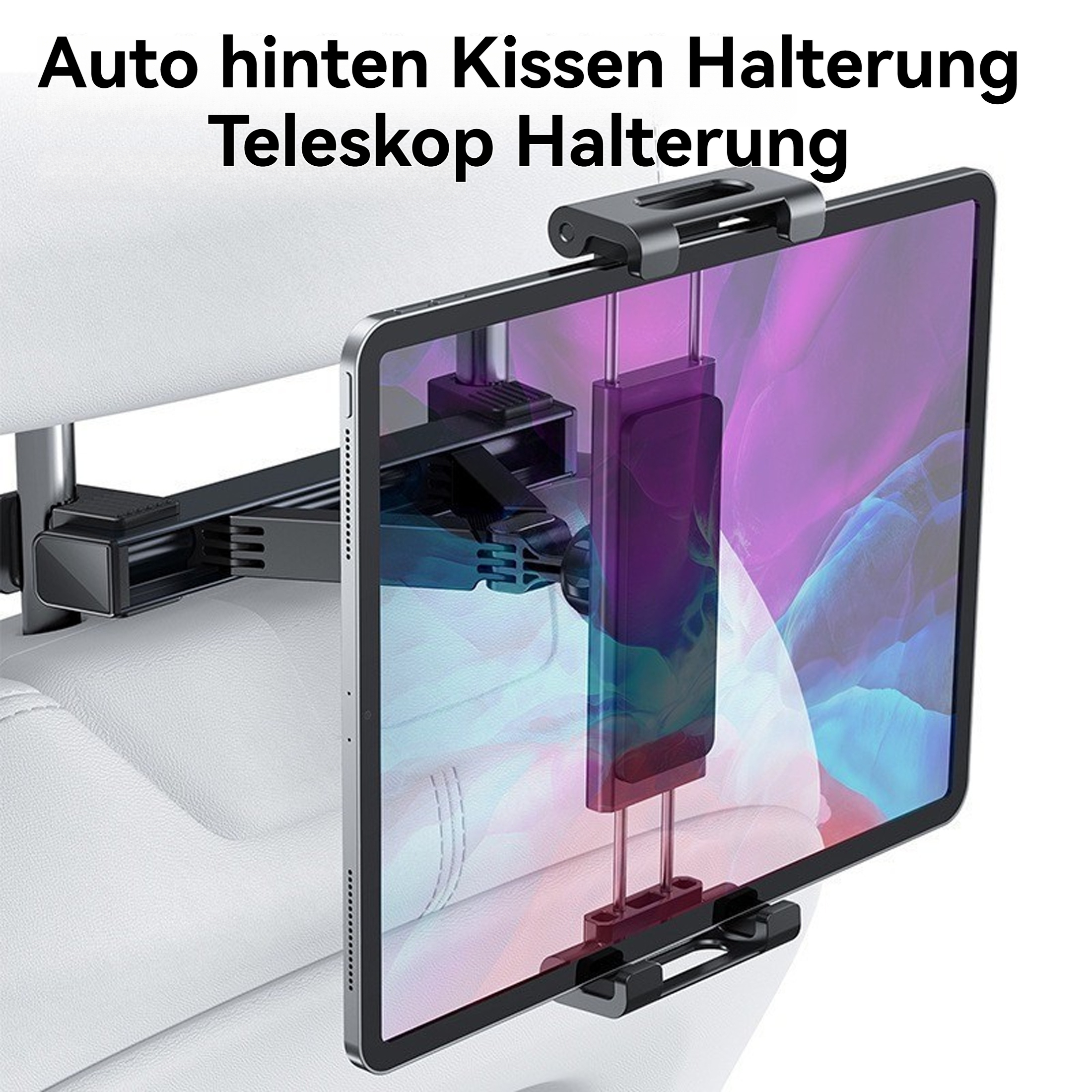 Ein Tablet, das an einer Autokopfstütze befestigt ist. Der Bildschirm zeigt einen lila-blauen Hintergrund. Die Halterung ist schwarz.
