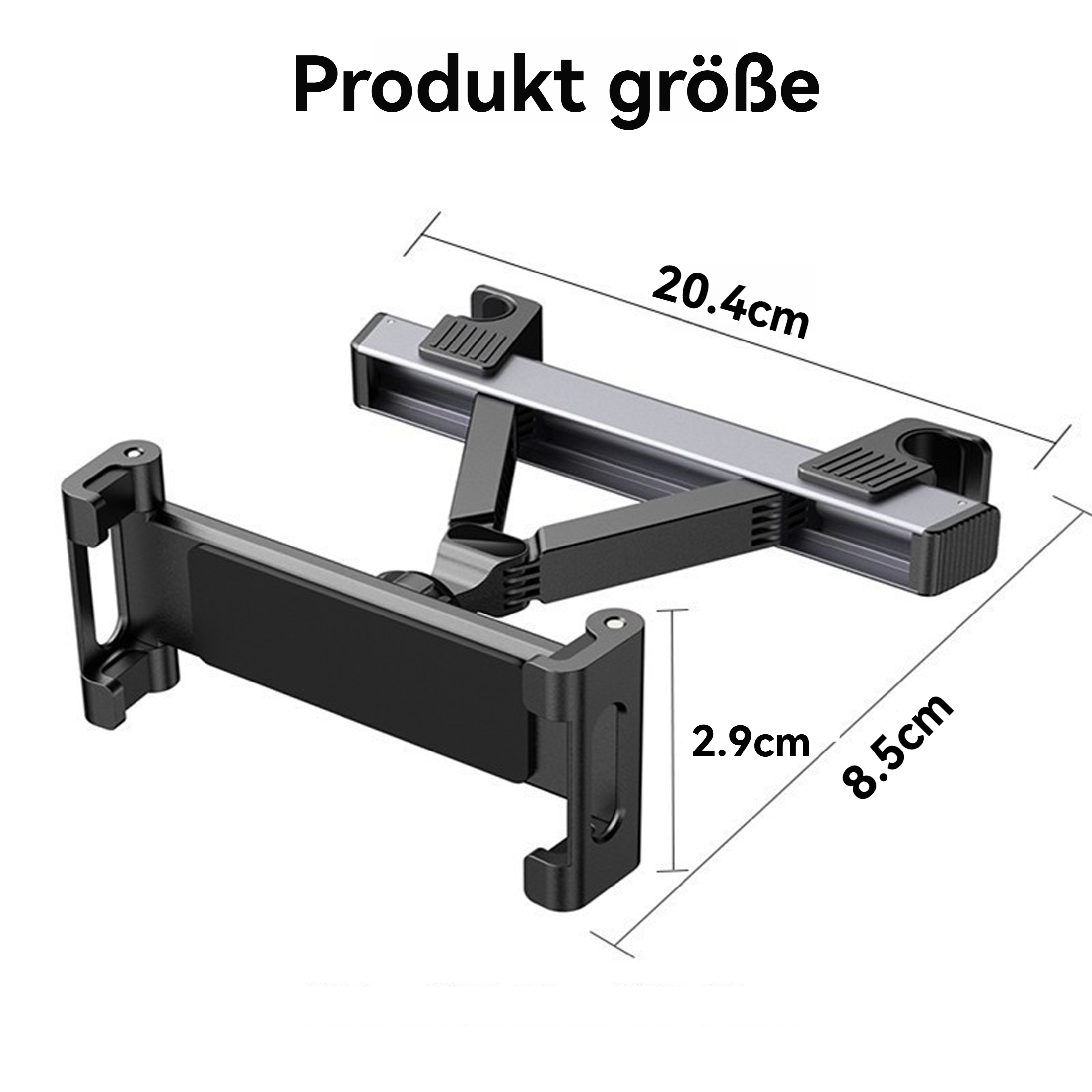Tablet-Halterung. Schwarz und Silber. Produktgröße: 20,4 cm, 8,5 cm und 2,9 cm. Text: Produktgröße.