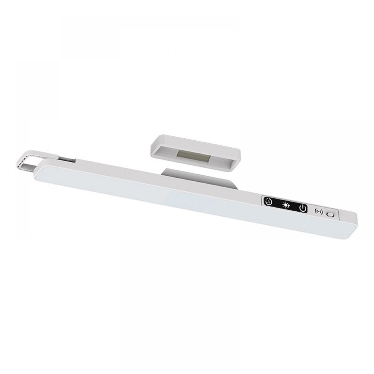 Eine weiße LED-Leuchte mit rechteckiger Form und einem separaten rechteckigen Modul. Bedienelemente sind sichtbar.