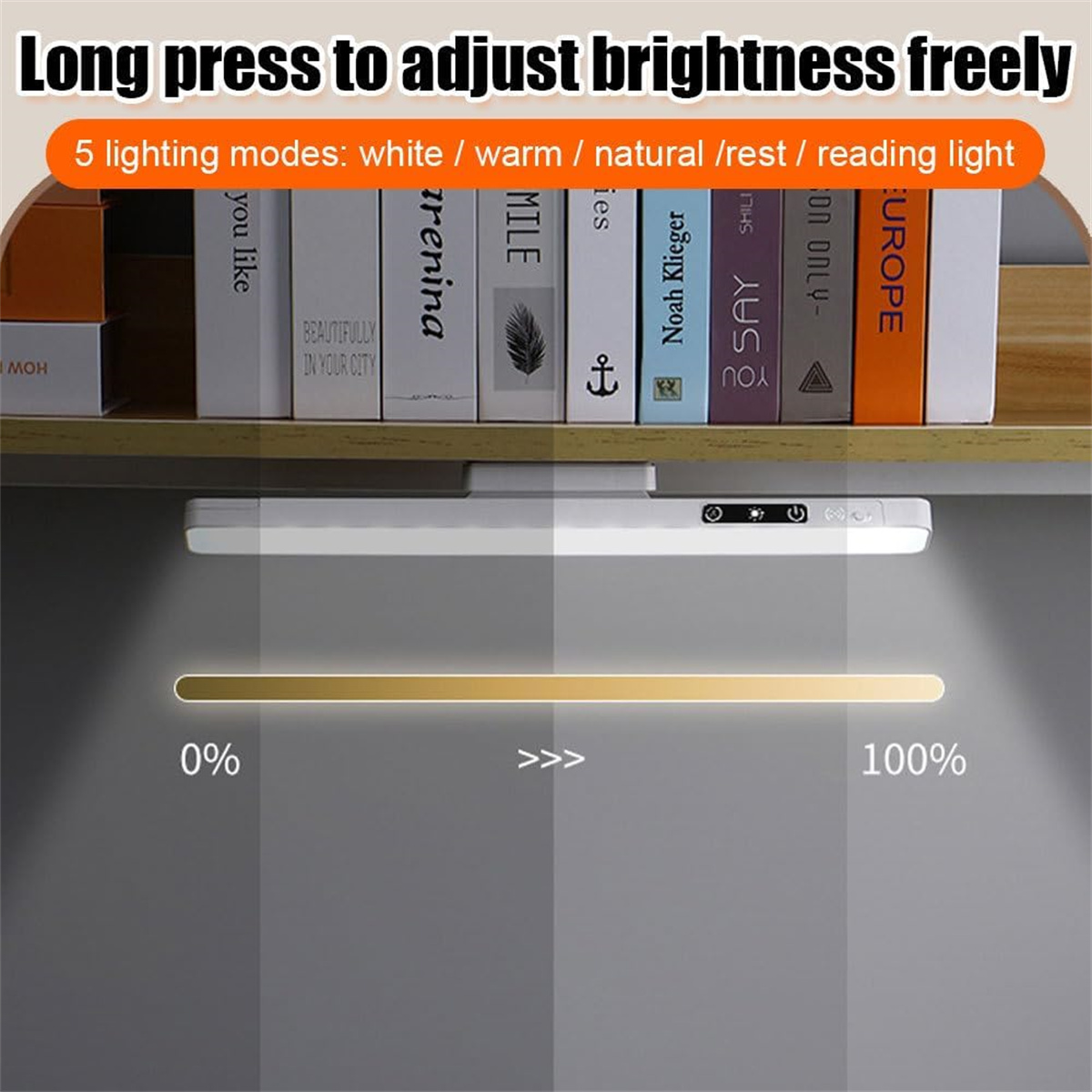 Das Bild zeigt ein Licht mit einstellbarer Helligkeit. Bücherregal darüber, Lichtleiste darunter mit Helligkeitsskala von 0 % bis 100 %.