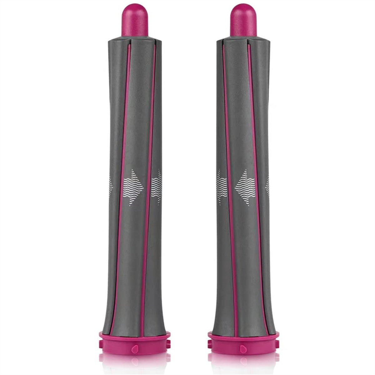 Zwei grau-rosa Haarstyling-Aufsätze. Jeder hat einen rosafarbenen oberen und unteren Teil mit einem grauen Körper und rosa Streifen.
