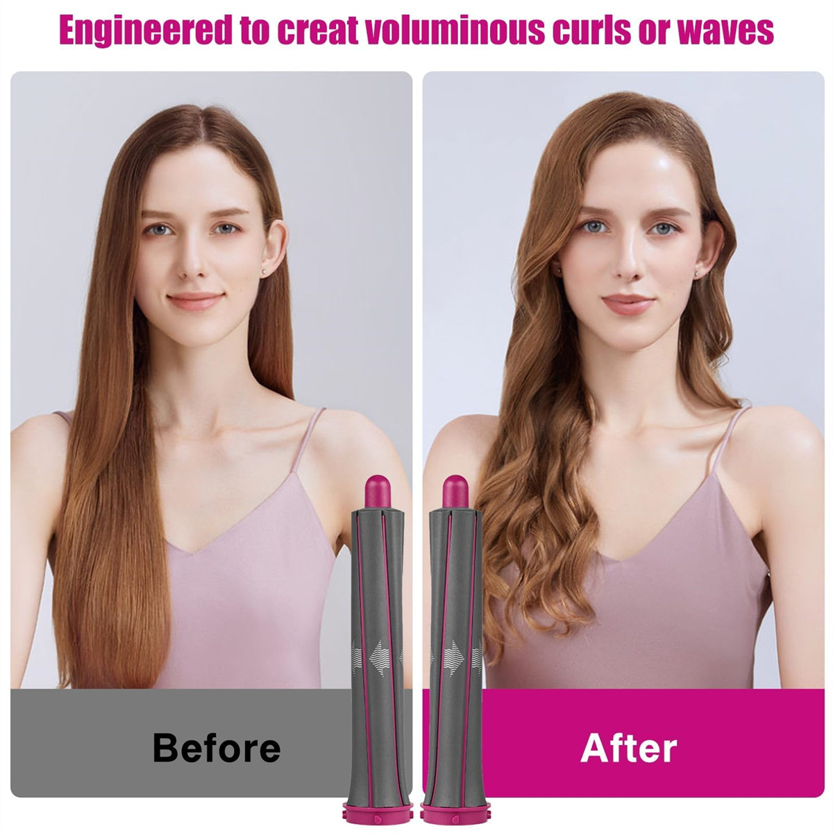 Das Bild zeigt das Haar einer Frau vor und nach dem Locken. Ein Haarstyling-Tool befindet sich im Vordergrund. Text: 'Vorher' und 'Nachher'.