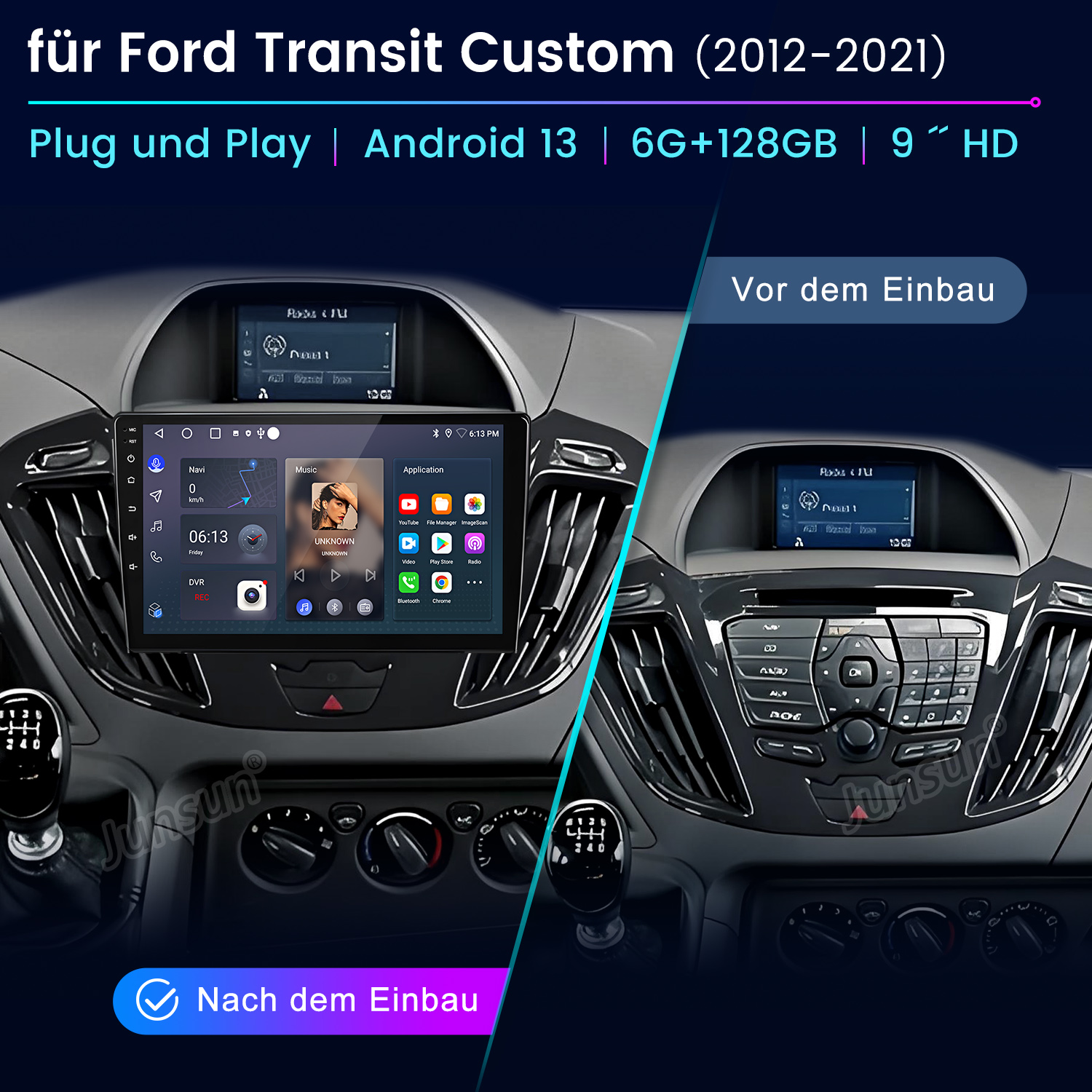 Vergleich des Armaturenbretts: vor und nach der Android 13 Installation. Navigation, Musik und Apps auf dem neuen Bildschirm.