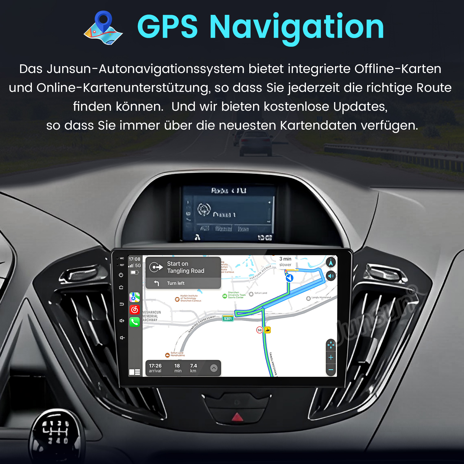 Auto-Armaturenbrett mit Navigationssystem. Der Bildschirm zeigt eine Karte mit Wegbeschreibungen und Reisezeit.