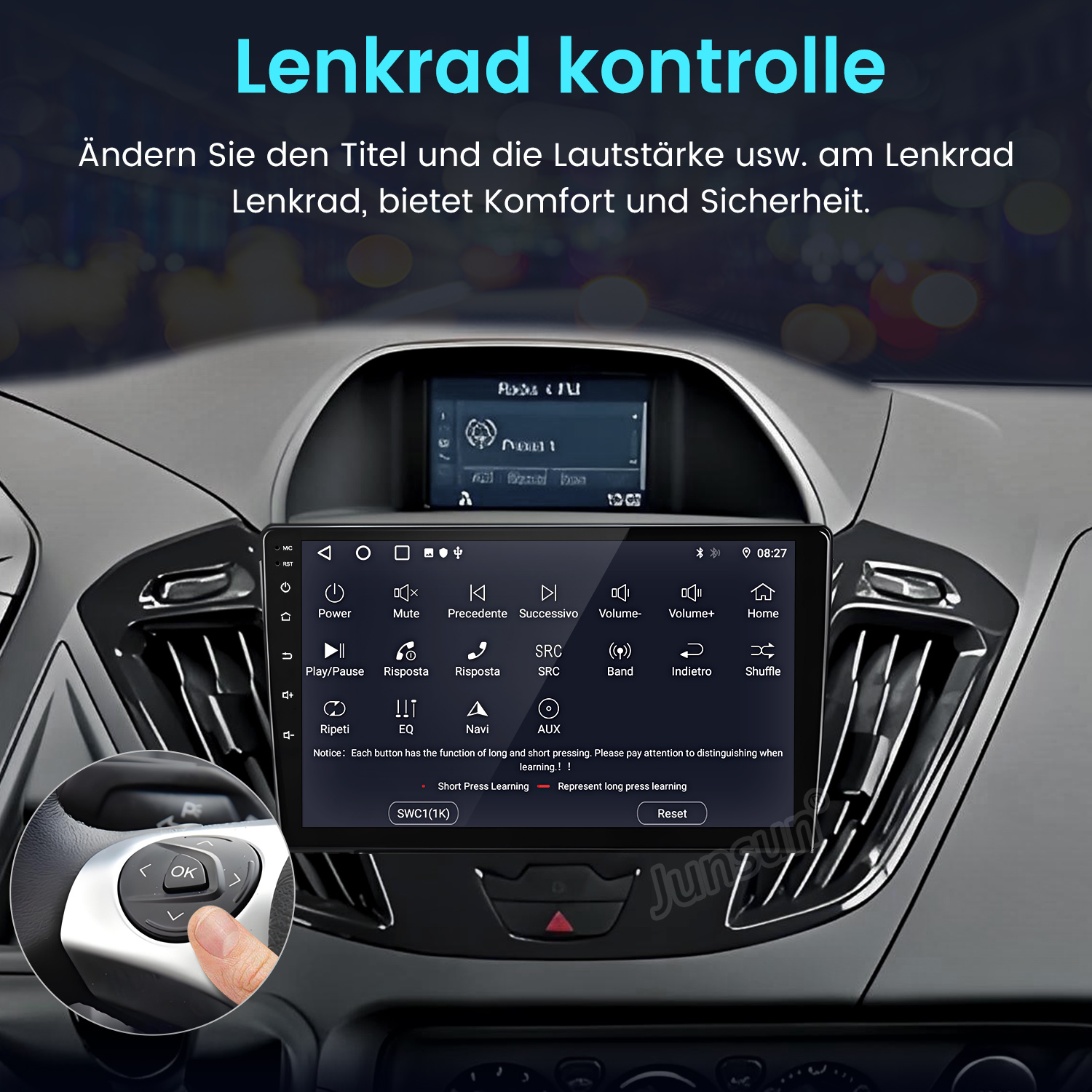 Auto-Armaturenbrett mit zentralem Display mit Bedienelementen. Eine Hand drückt die 'OK'-Taste am Lenkrad. Der Text lautet 'Lenkrad kontrolle'.