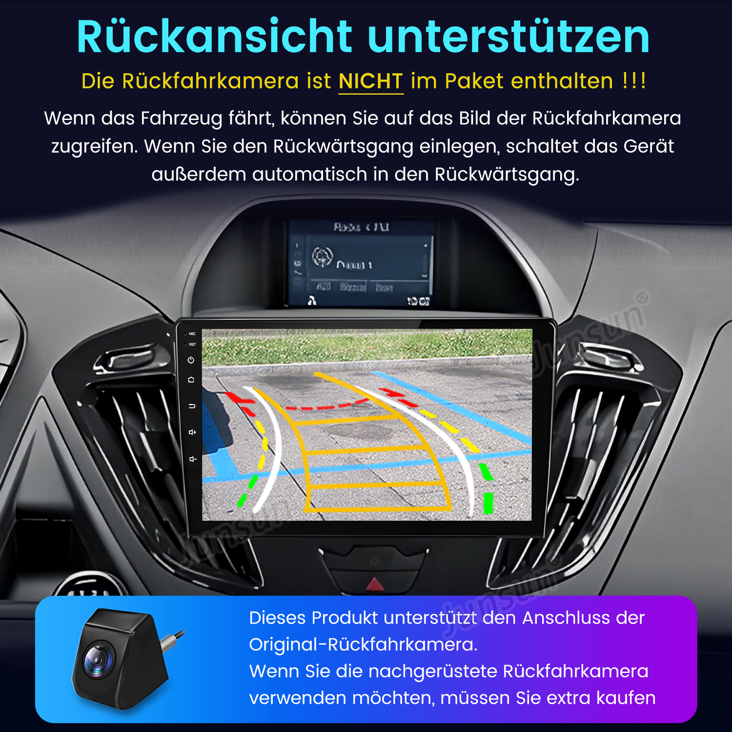 Auto-Innenraum mit Bildschirm, der eine Rückfahrkamera-Ansicht zeigt. Eine Kamera ist unten links abgebildet. Text auf Deutsch ist ebenfalls vorhanden.