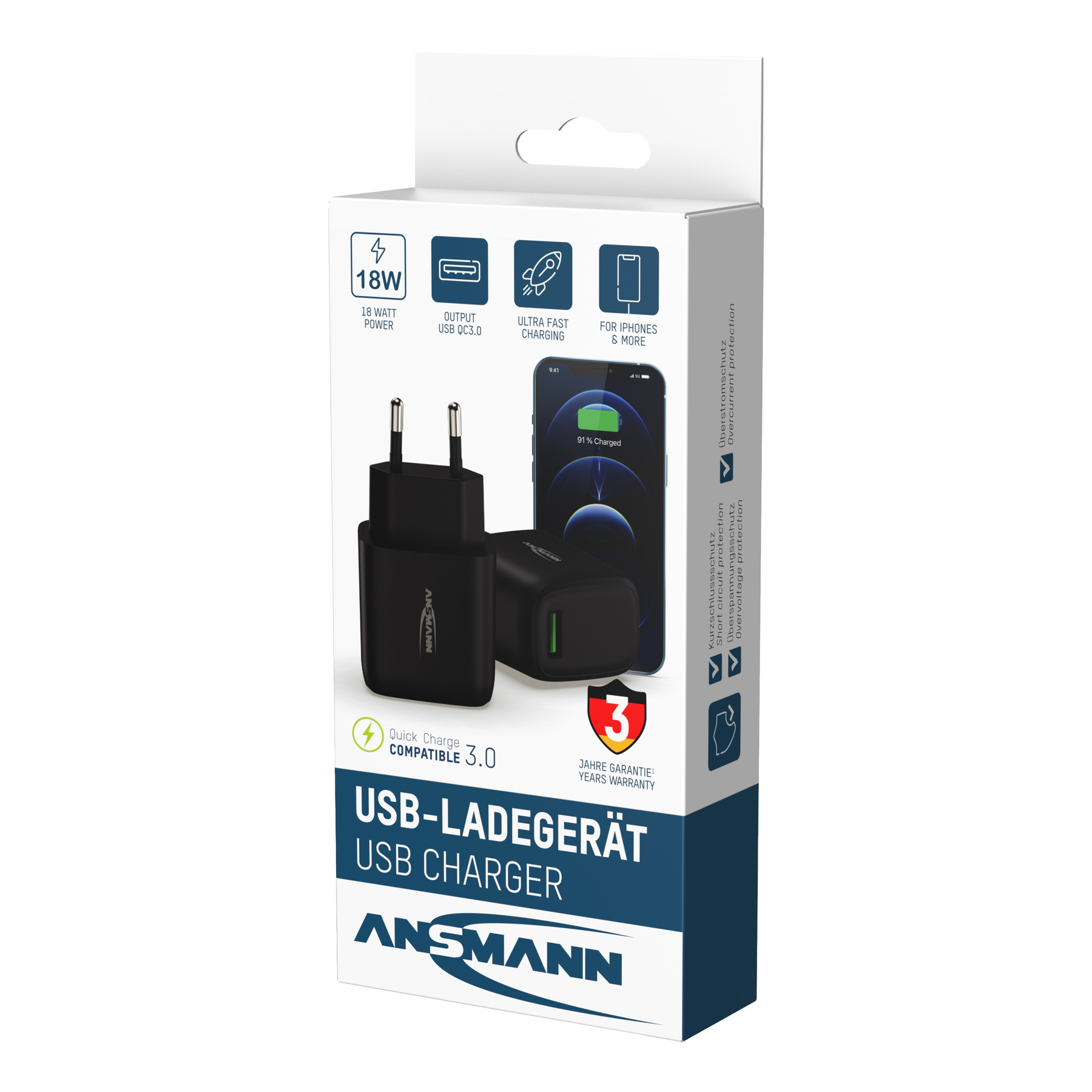 Eine schwarze USB-Ladegerät-Box mit einem Telefon, das aufgeladen wird. Die Box hat Textbeschriftungen und Symbole. Das Ladegerät hat 3 Jahre Garantie.