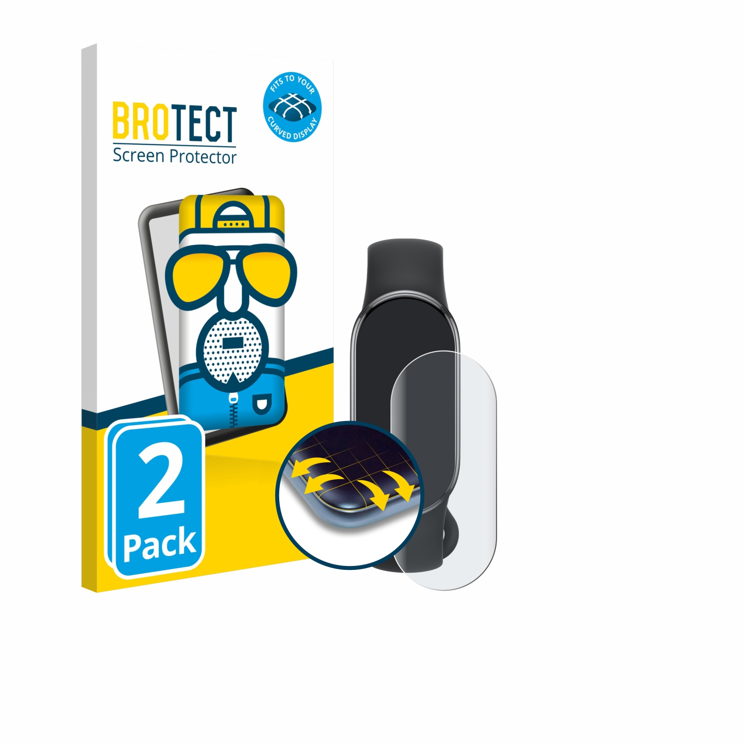 Eine Displayschutzfolienverpackung mit Smartwatch und Displayschutzfolie. Die Verpackung zeigt ein stilisiertes Bild einer Smartwatch.