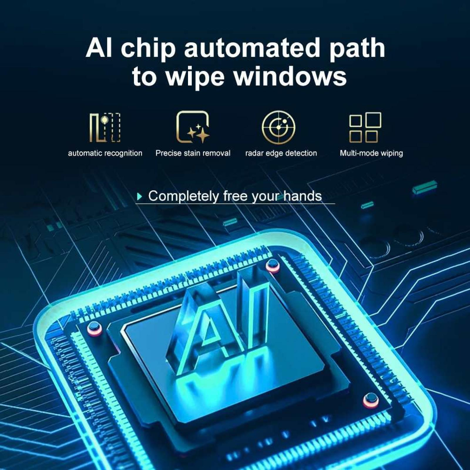 Das Bild zeigt einen KI-Chip mit Symbolen: automatische Erkennung, Fleckenentfernung, Radar-Kantenerkennung und Multi-Modus-Wischen.