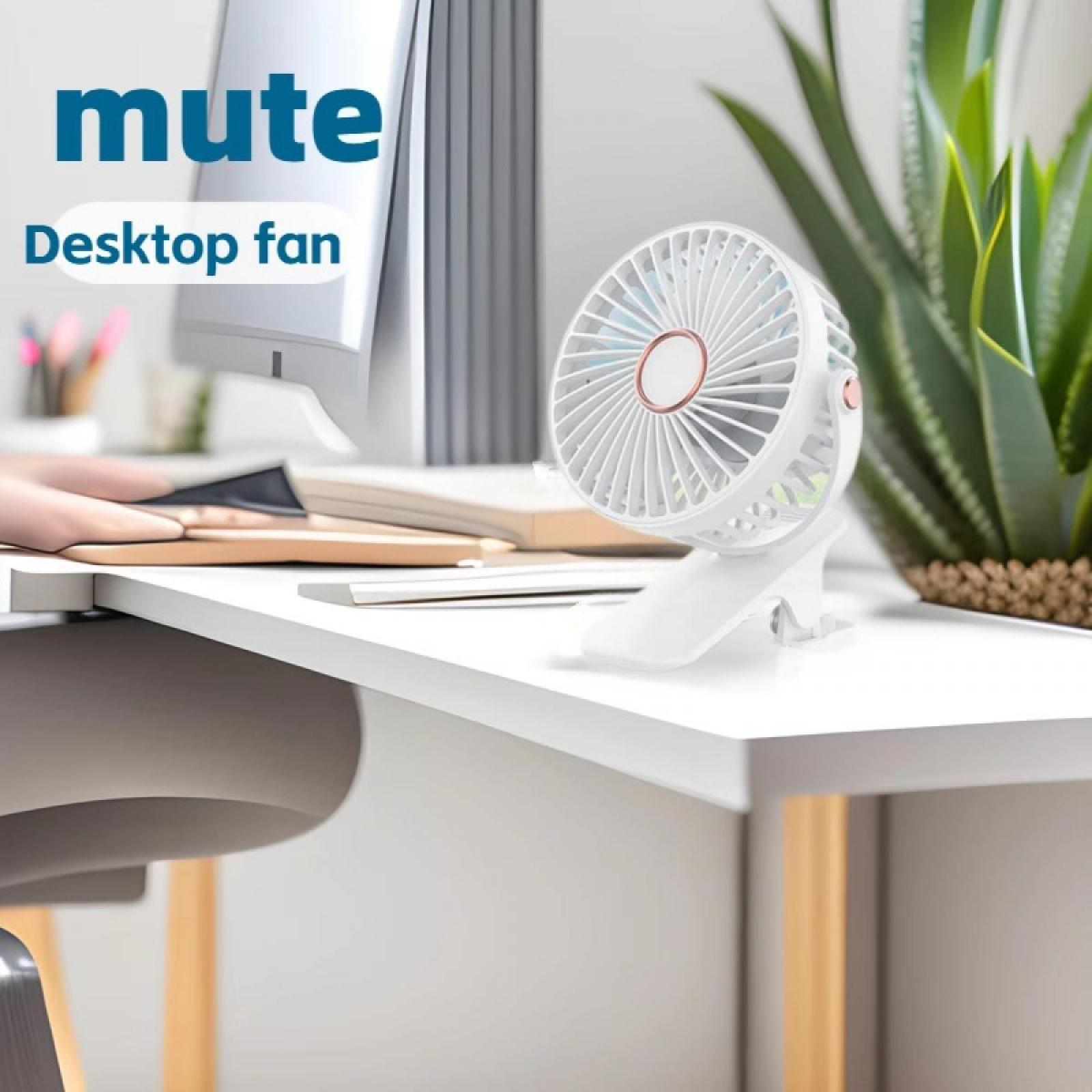 Weißer Tischventilator mit Clip auf einem weißen Schreibtisch. Ein Computer, Pflanzen und der Text 'mute desktop fan' sind im Hintergrund.