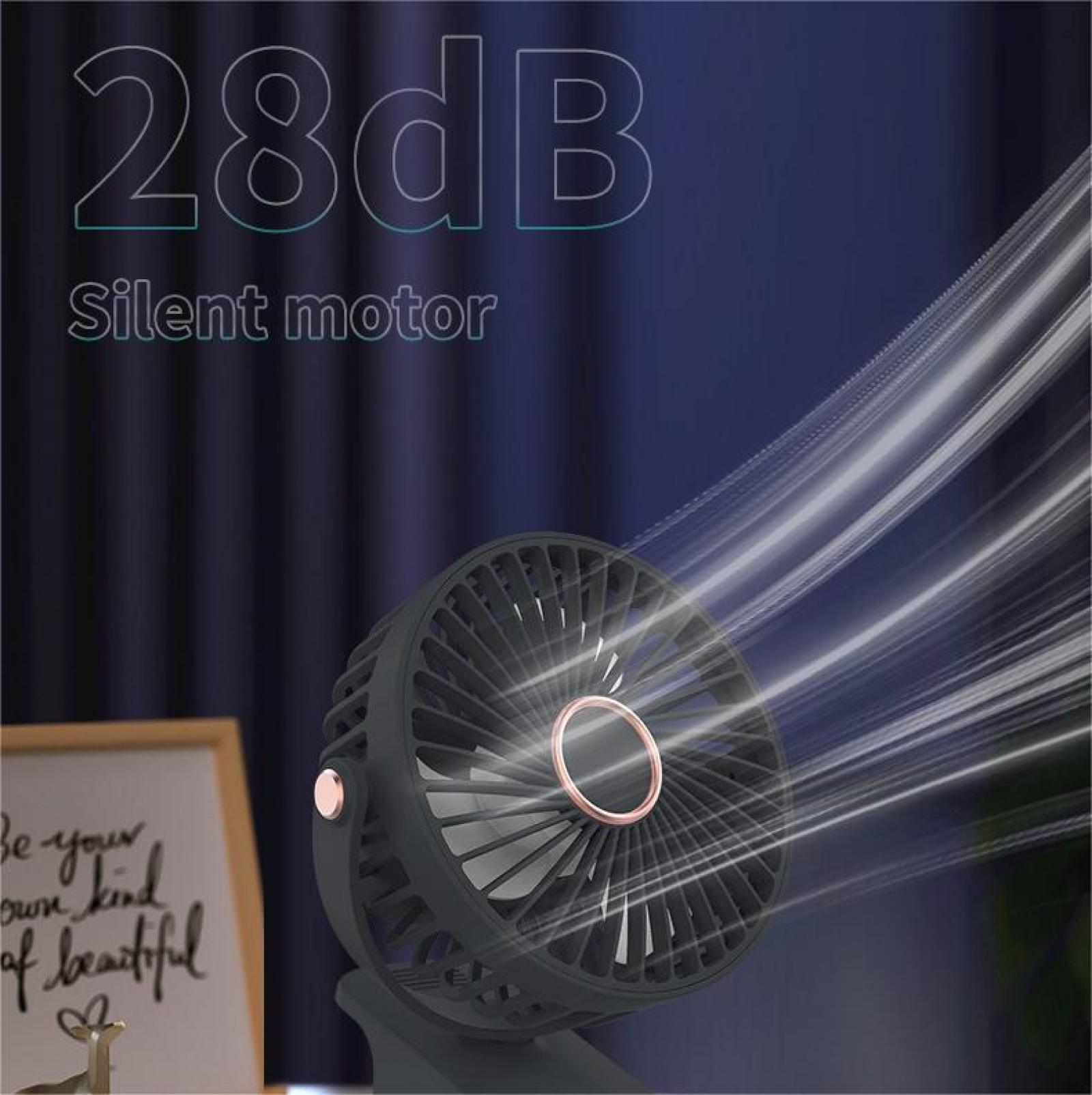 Ein schwarzer Ventilator mit roségoldenem Ring und Knopf bläst Luft. Der Text lautet '28dB Silent motor'.