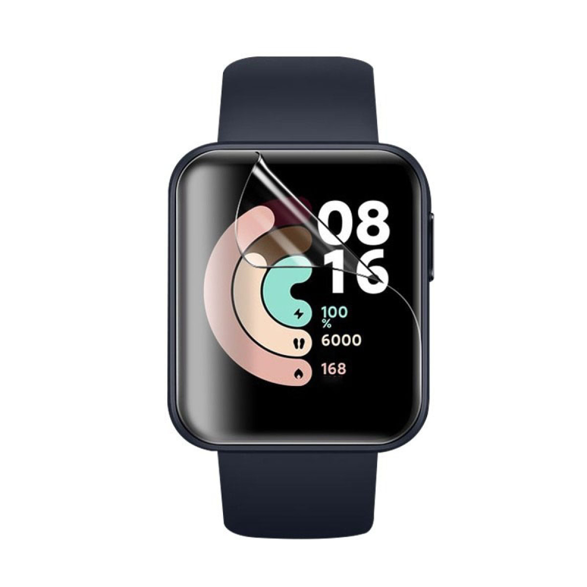 Uno smartwatch con cinturino blu scuro. Lo schermo mostra ora, percentuale batteria, passi e altri dati con una pellicola protettiva.