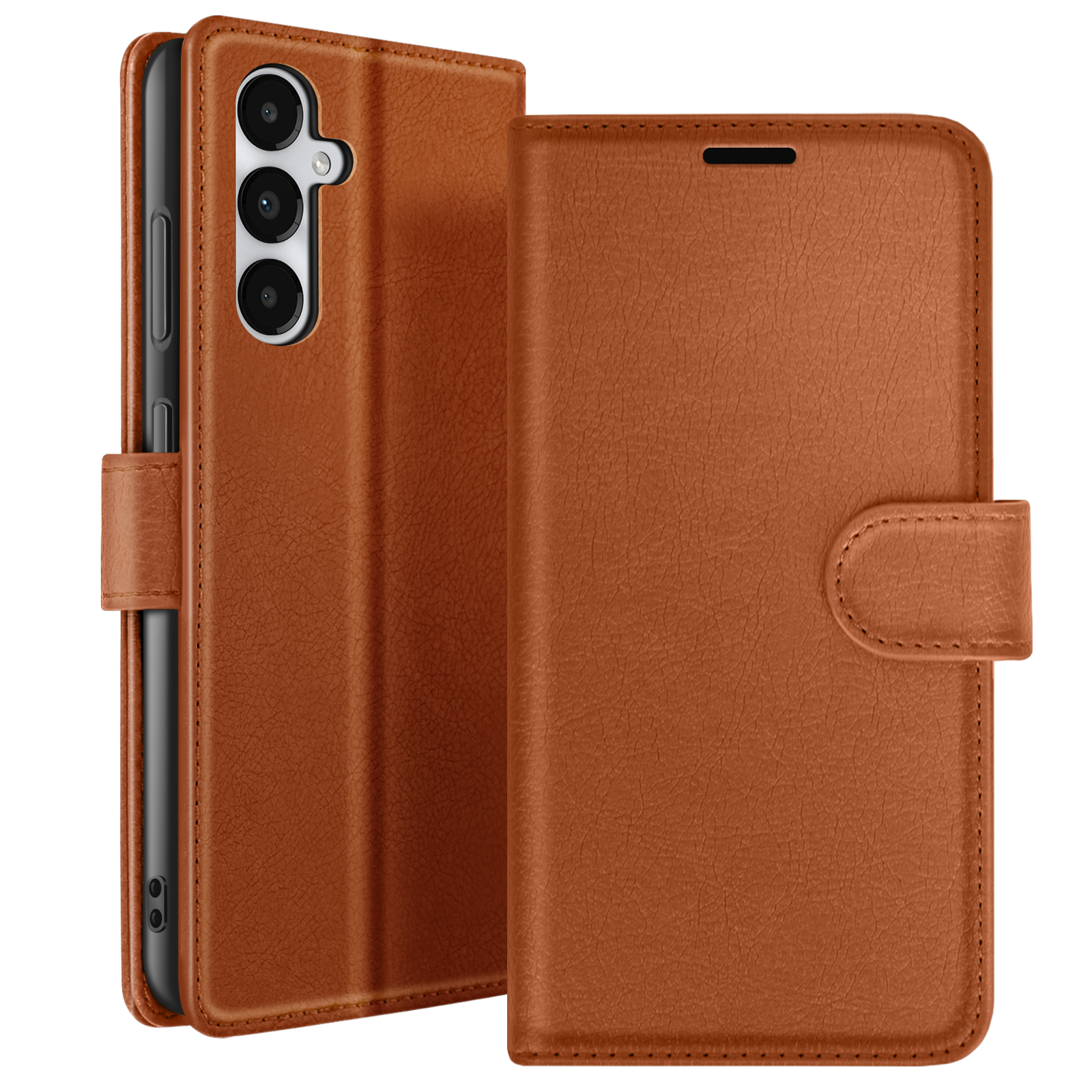 Étui de téléphone en cuir marron, ouvert à gauche, révélant un téléphone. L'étui a un fermoir et des découpes pour l'appareil photo.