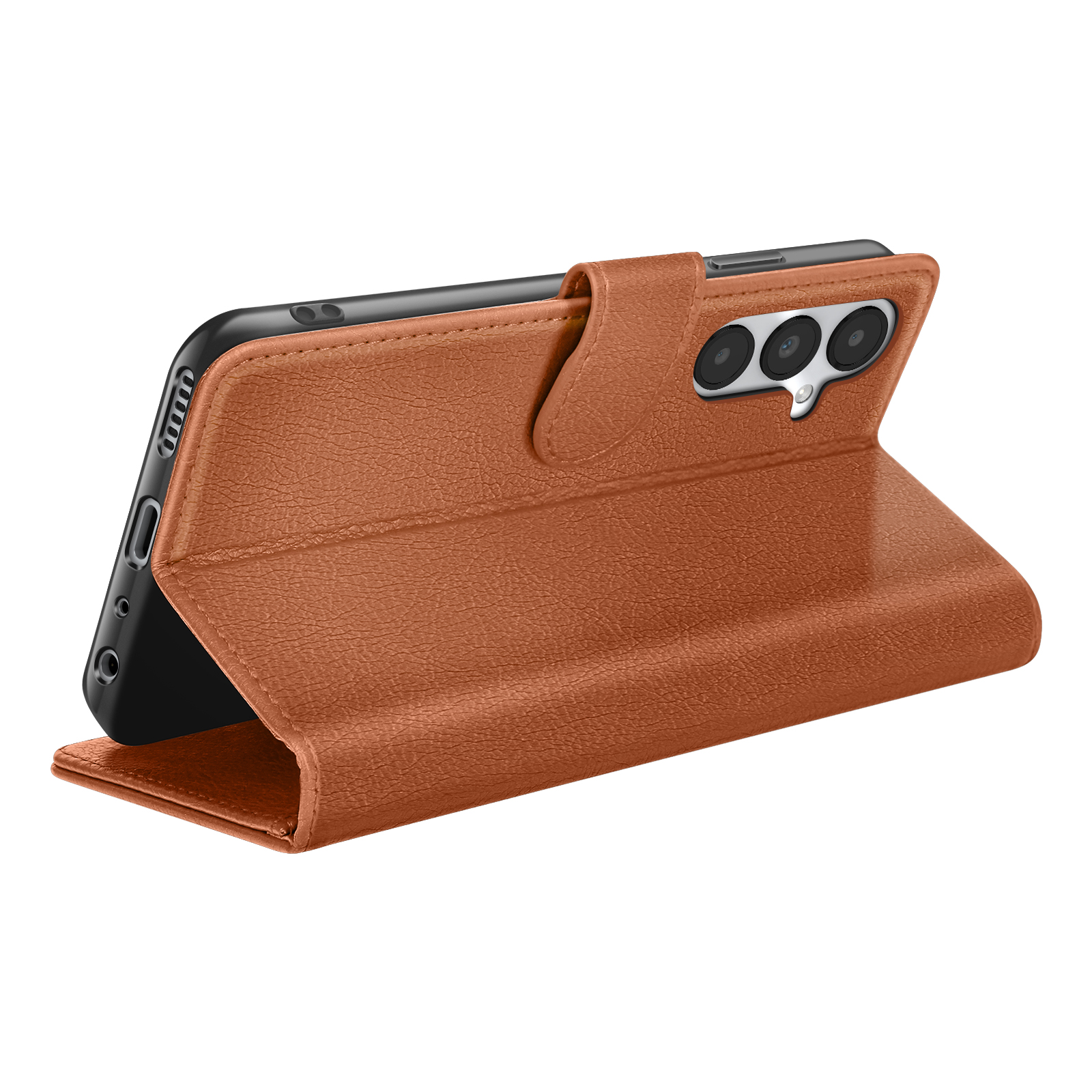 Un étui de téléphone en cuir marron est ouvert, avec un téléphone à l'intérieur. L'étui a une surface texturée et une fermeture magnétique.
