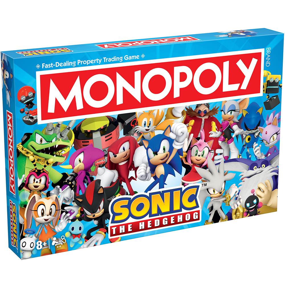 Eine Monopoly-Spielbox mit Sonic the Hedgehog-Charakteren. Die Box ist blau mit dem Spieletitel und Charakteren.