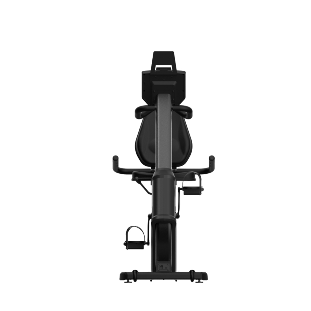 Schwarzes stationäres Trainingsfahrrad, zentriert, mit Sitz, Pedalen und Display. Weißer Hintergrund.