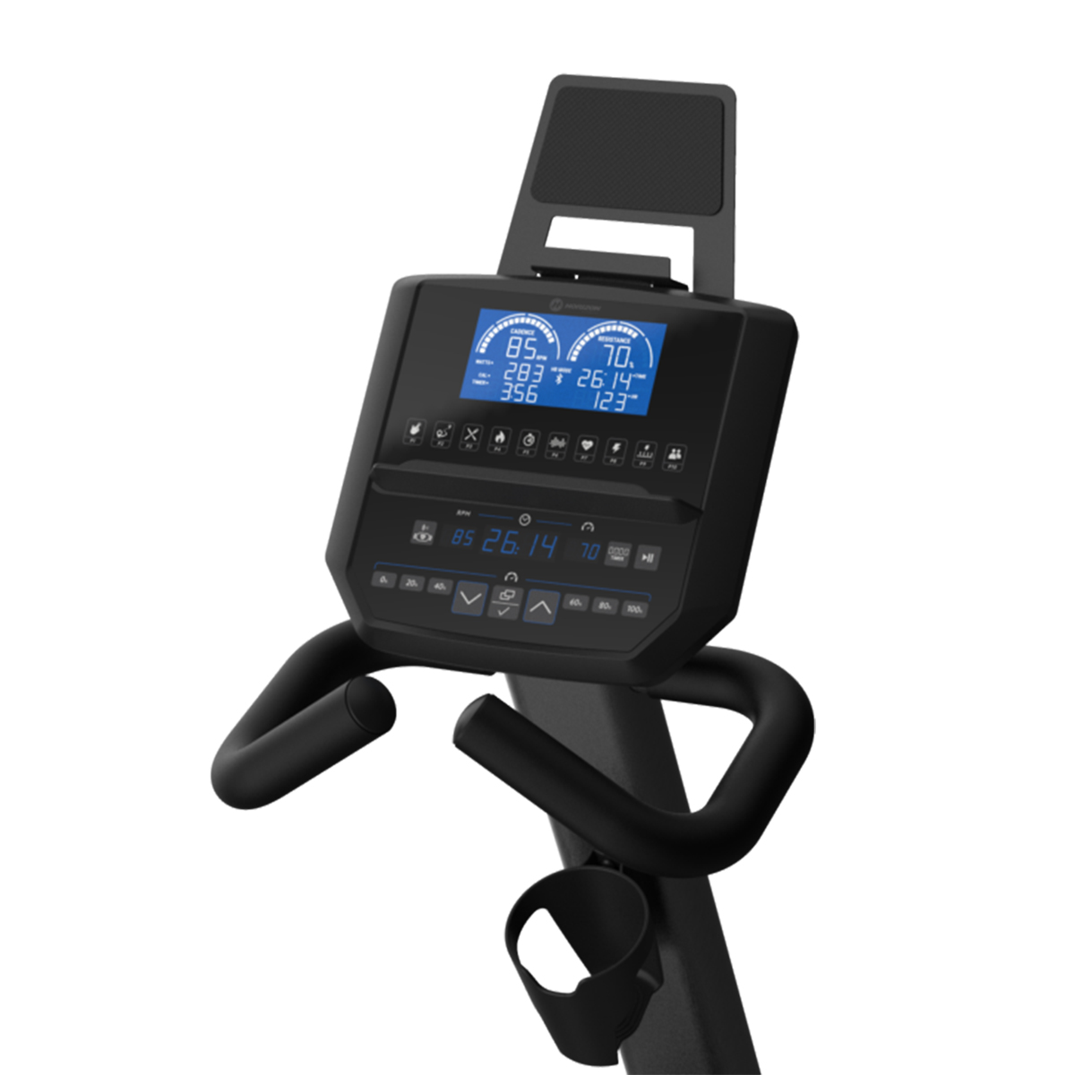 Schwarze Heimtrainer-Konsole mit digitaler Anzeige, die Trainingsdaten anzeigt. Lenker und ein Wasserflaschenhalter sind sichtbar.