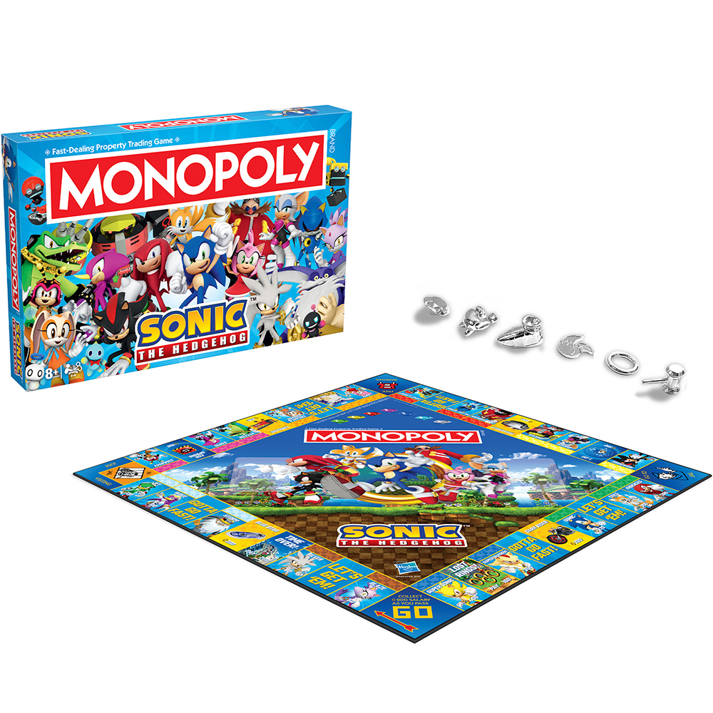 Monopoly Sonic the Hedgehog Brettspiel. Schachtel und Brett zeigen Charaktere. Metallspielsteine sind verstreut. Blau und Gelb dominieren.