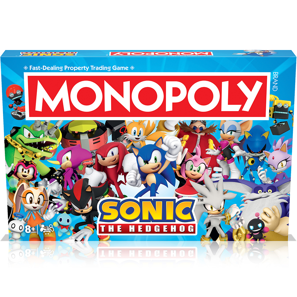 Monopoly-Brettspielkasten mit Sonic-Charakteren. Die Box ist blau mit dem Monopoly-Logo und verschiedenen Sonic-Charakteren.
