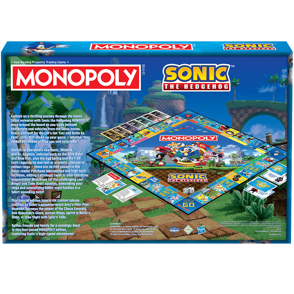 Monopoly Sonic Spielbox. Sonic-Charaktere sind auf dem Spielbrett. Bunte Box mit Text und Bildern des Spiels.
