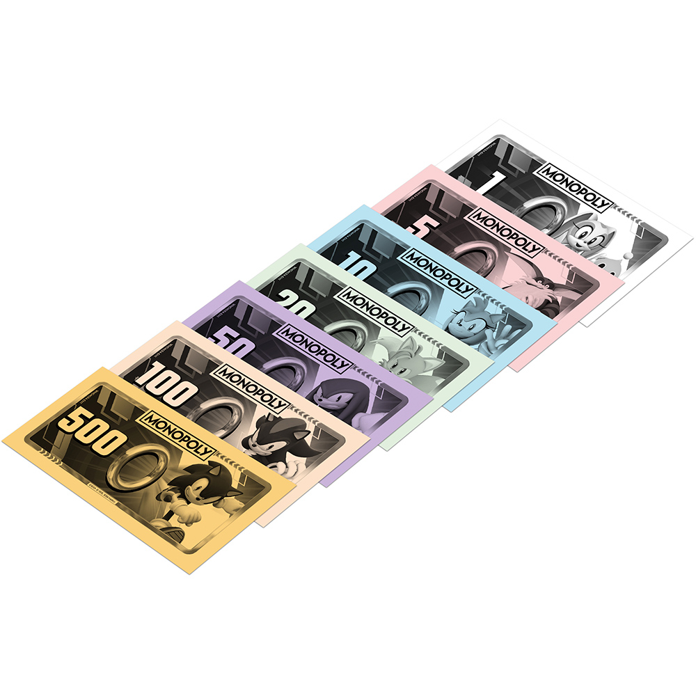 Monopoly-Geld mit Sonic-Charakteren. Banknoten in verschiedenen Farben mit Werten wie 500, 100, 5 und 1 sowie Zeichentrickfiguren.