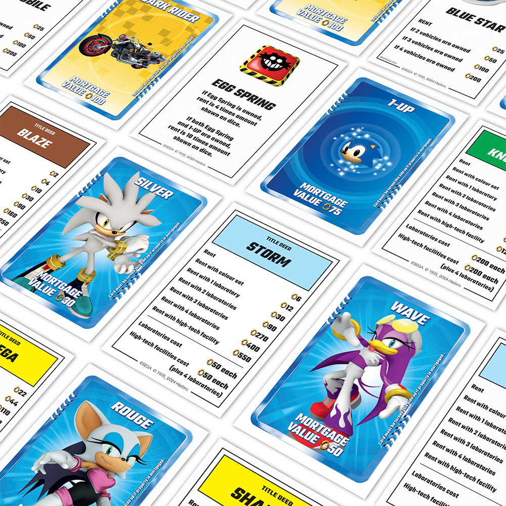 Monopoly-Karten mit Sonic-Charakteren. Karten zeigen Charakterkunst, Titel und Mietwerte. Verschiedene Farben und Designs sind vorhanden.