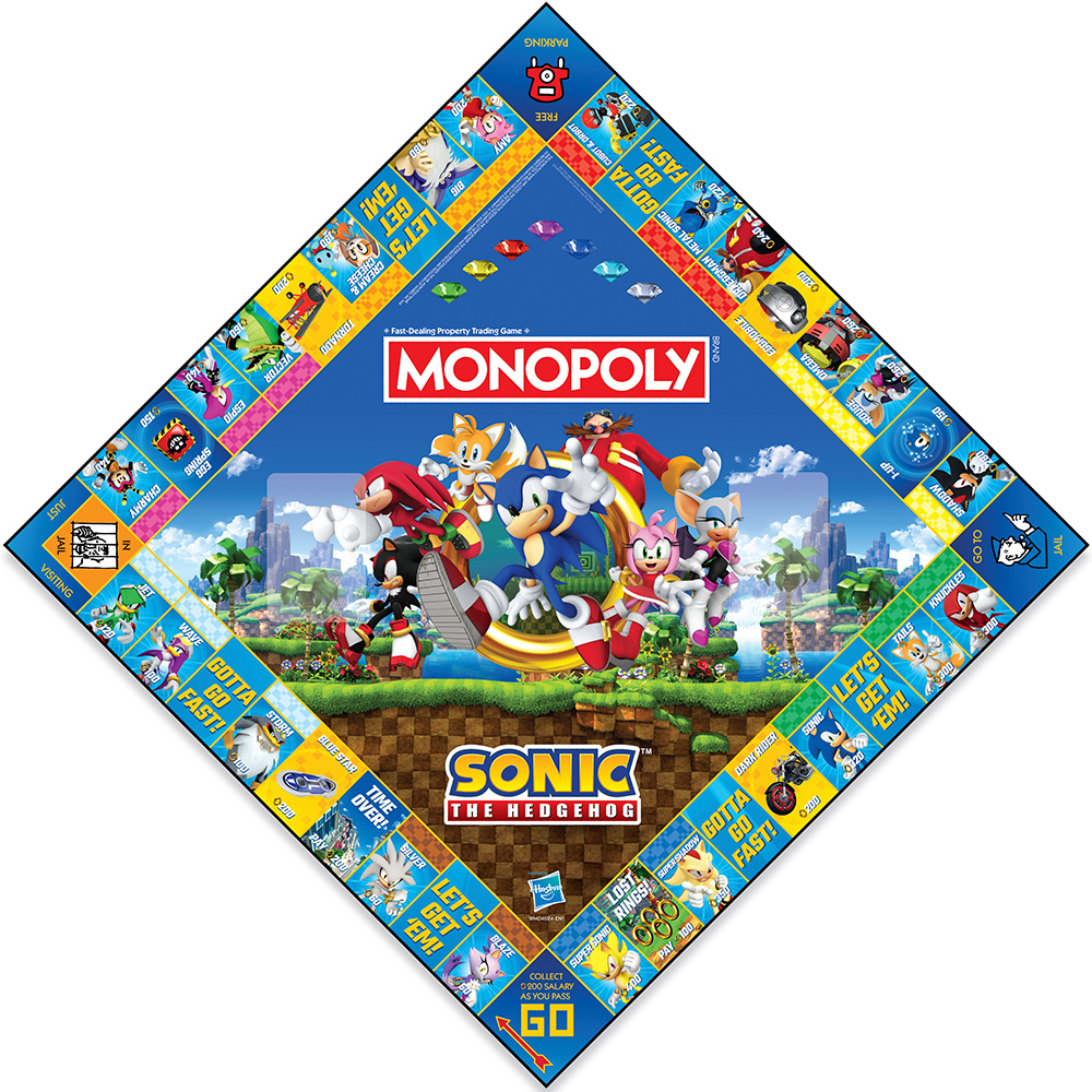 Sonic the Hedgehog Monopoly Spielbrett mit Charakteren und Feldern. Das Monopoly-Logo befindet sich oben.