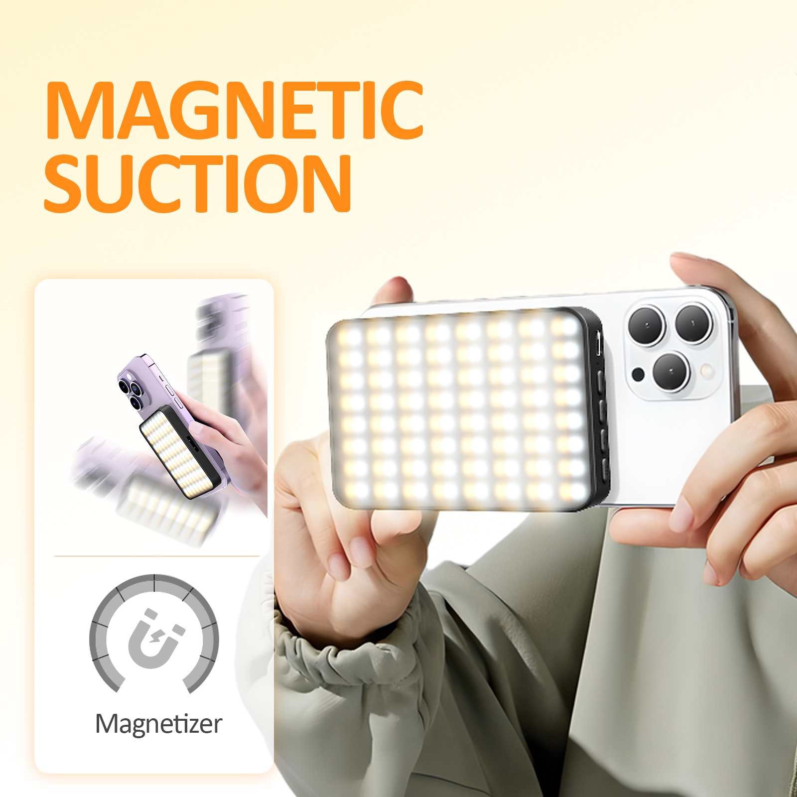 Ein Telefon mit Lichtaufsatz. Der Text 'MAGNETIC SUCTION' steht oben. Eine Grafik zeigt einen Magnetisierer.