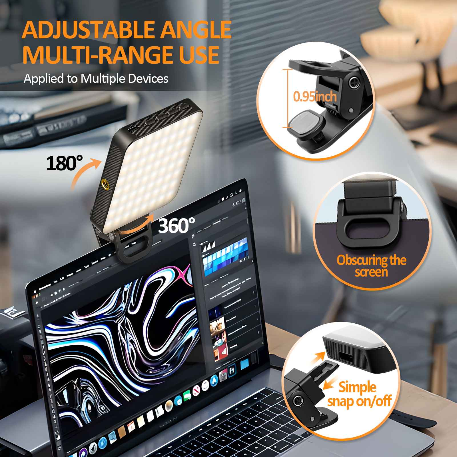 Ein Laptop mit angebrachtem Licht. Das Licht kann sich um 180 und 360 Grad drehen. Text sagt einstellbarer Winkel und Mehrbereichsverwendung.