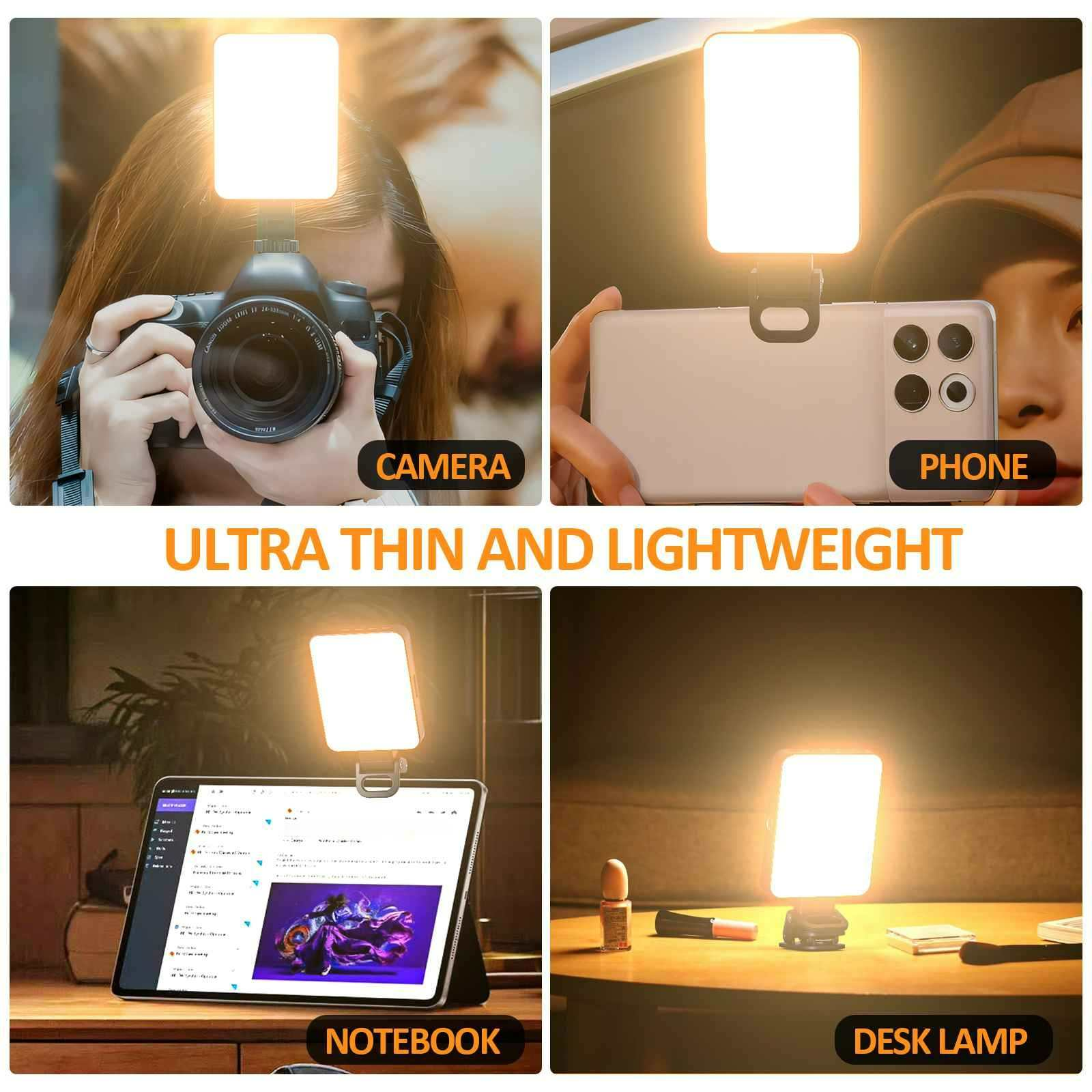 Bilder zeigen ein Lichtpanel, das an Kamera, Telefon, Notebook und Schreibtisch befestigt ist. Das Panel ist hellweiß.