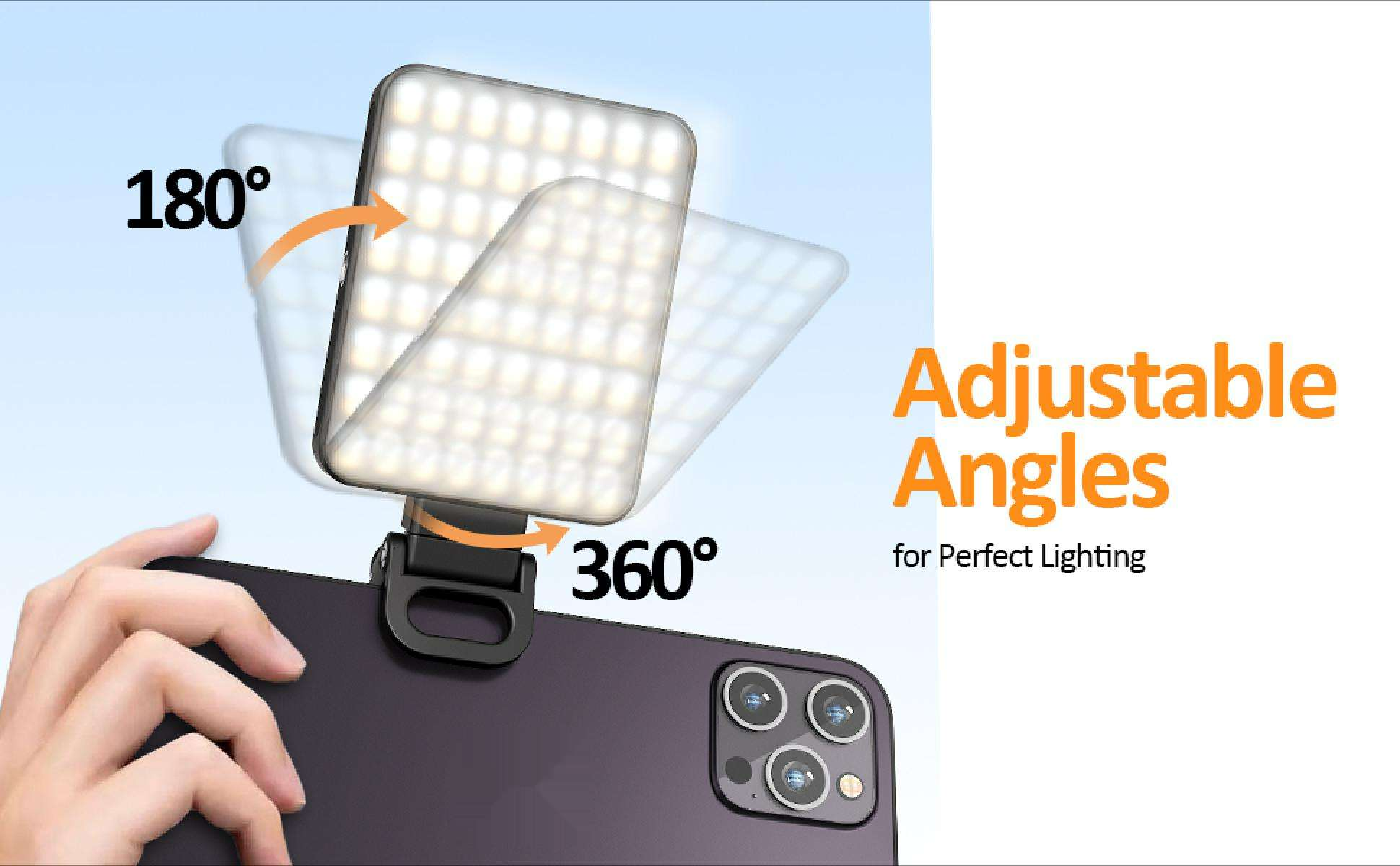 Ein Telefon mit angebrachtem LED-Licht. Text zeigt verstellbare Winkel für perfektes Licht. Hand, die das Telefon hält.