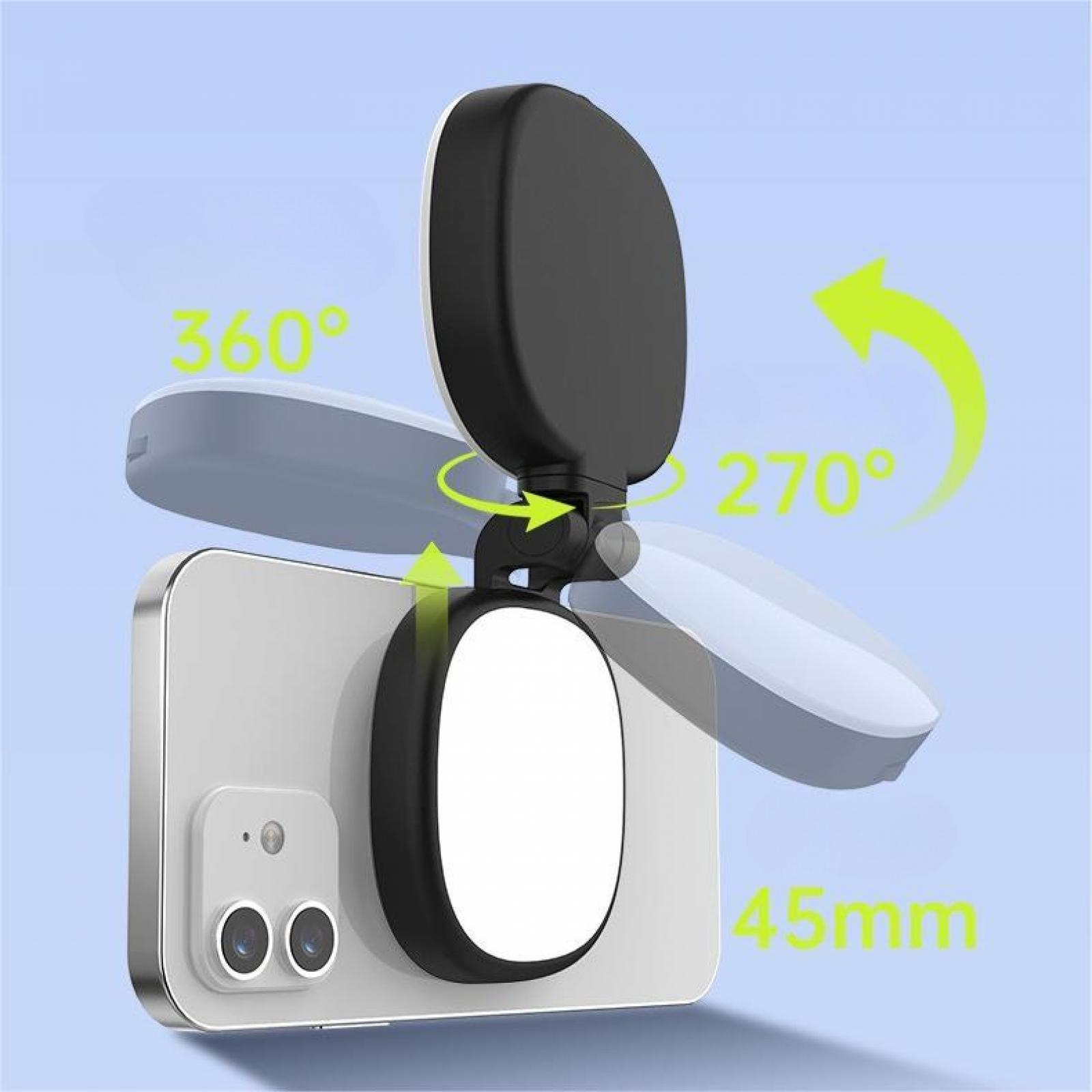 Ein Telefon mit einer rotierenden Kamera. Pfeile zeigen die Drehwinkel an: 360°, 270° und 45 mm. Der Hintergrund ist hellblau.