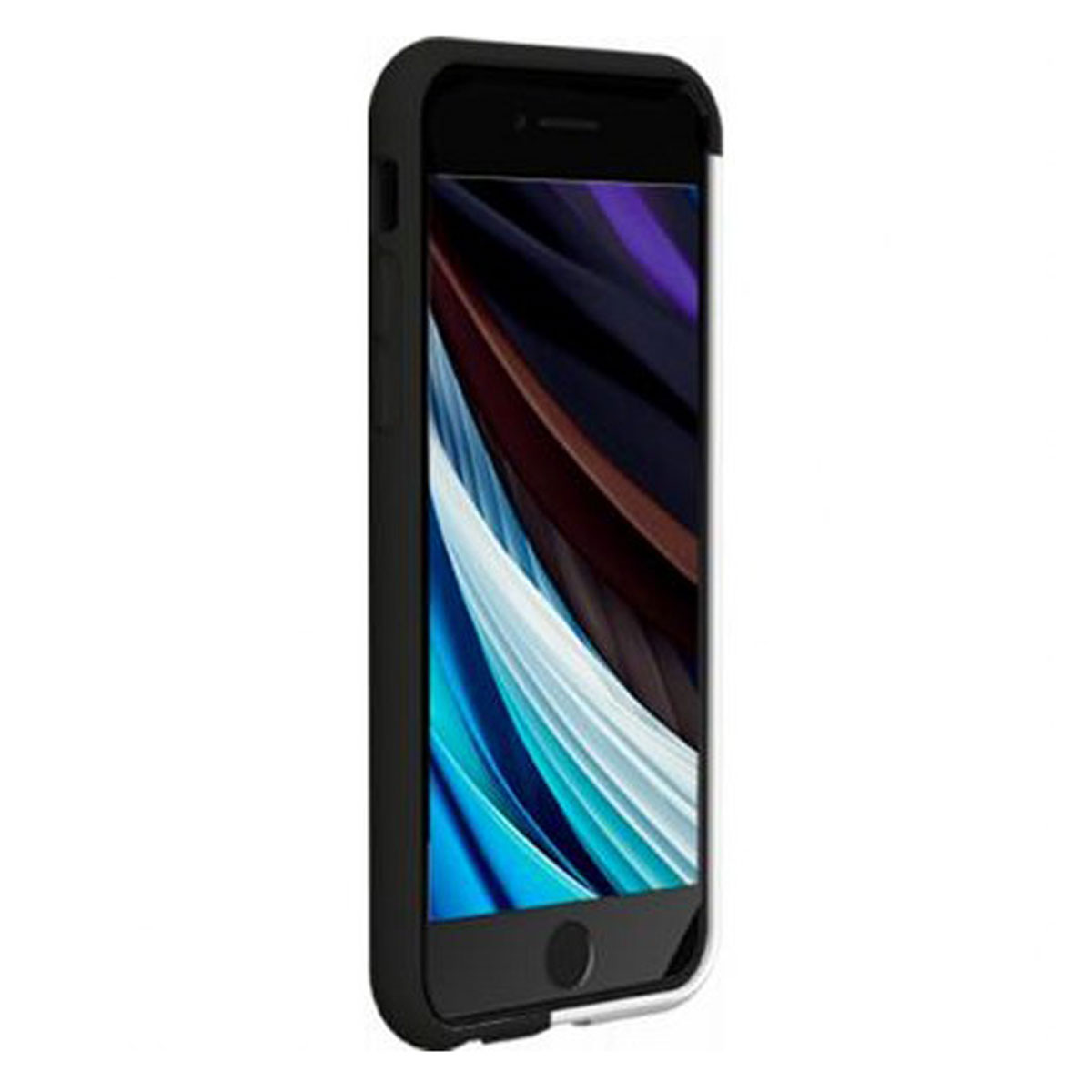Uno smartphone nero con uno schermo che mostra linee astratte colorate, all'interno di una custodia protettiva.