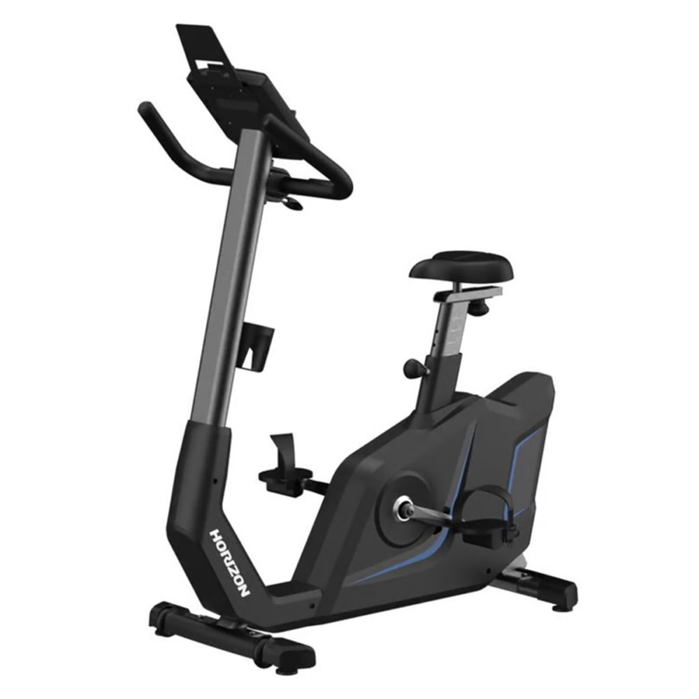 Un vélo d'exercice stationnaire noir avec écran, siège, pédales et guidon. La marque Horizon est visible sur le cadre.