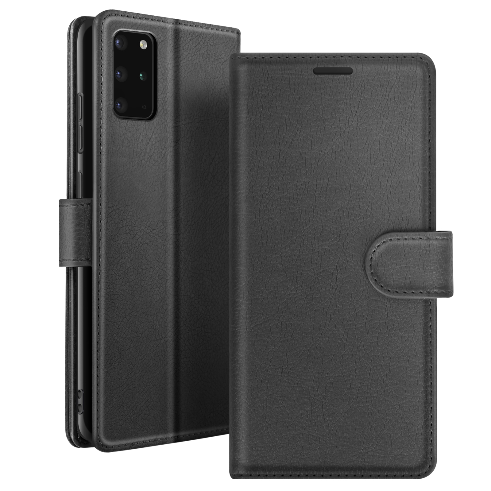 Zwarte leren telefoonhoes met flap en magnetische sluiting, geopend om de telefoon te laten zien. Voorzien van camera-uitsparing en stiksels.