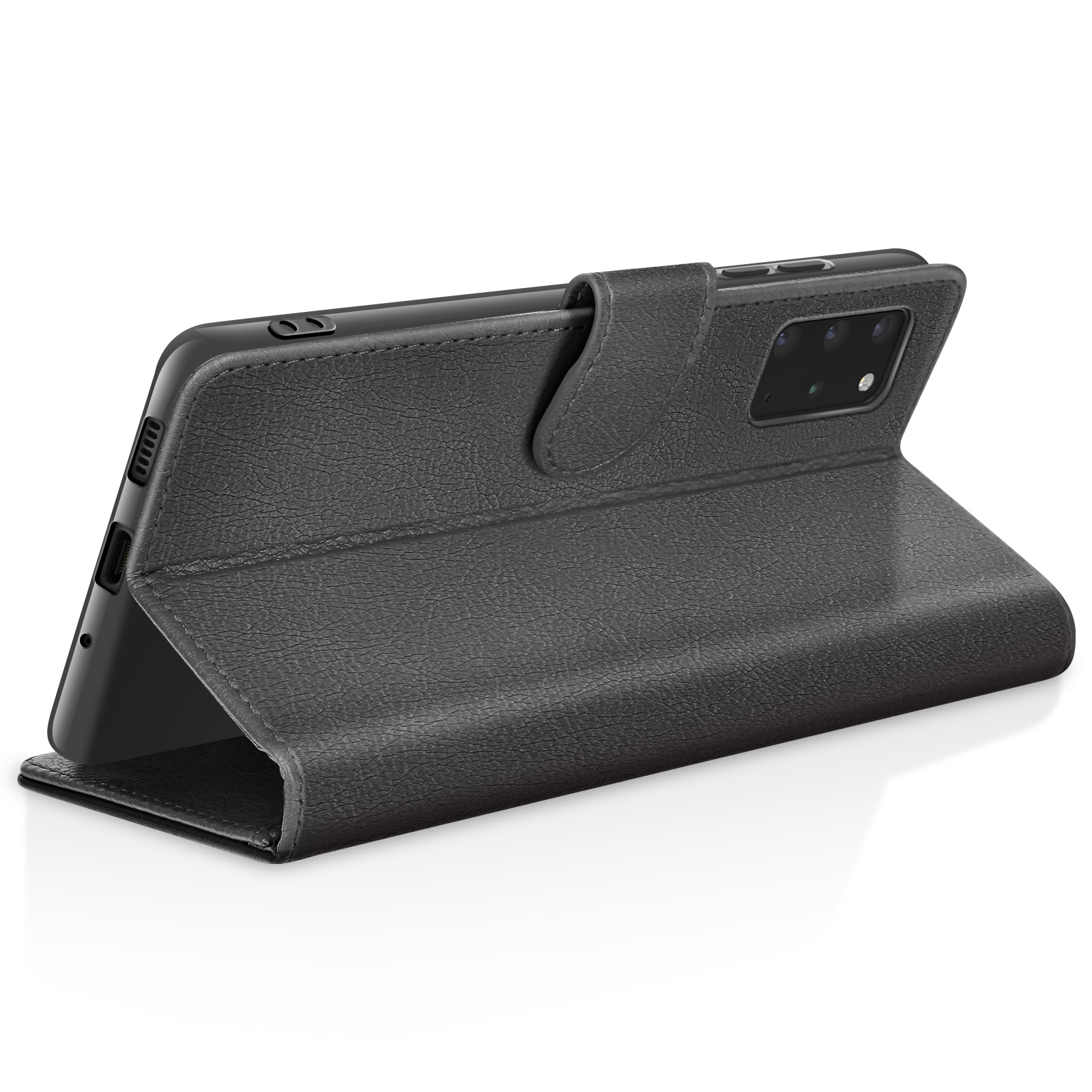 Zwarte leren telefoonhoes in open positie. Het heeft een flap en een ingebouwde standaard.