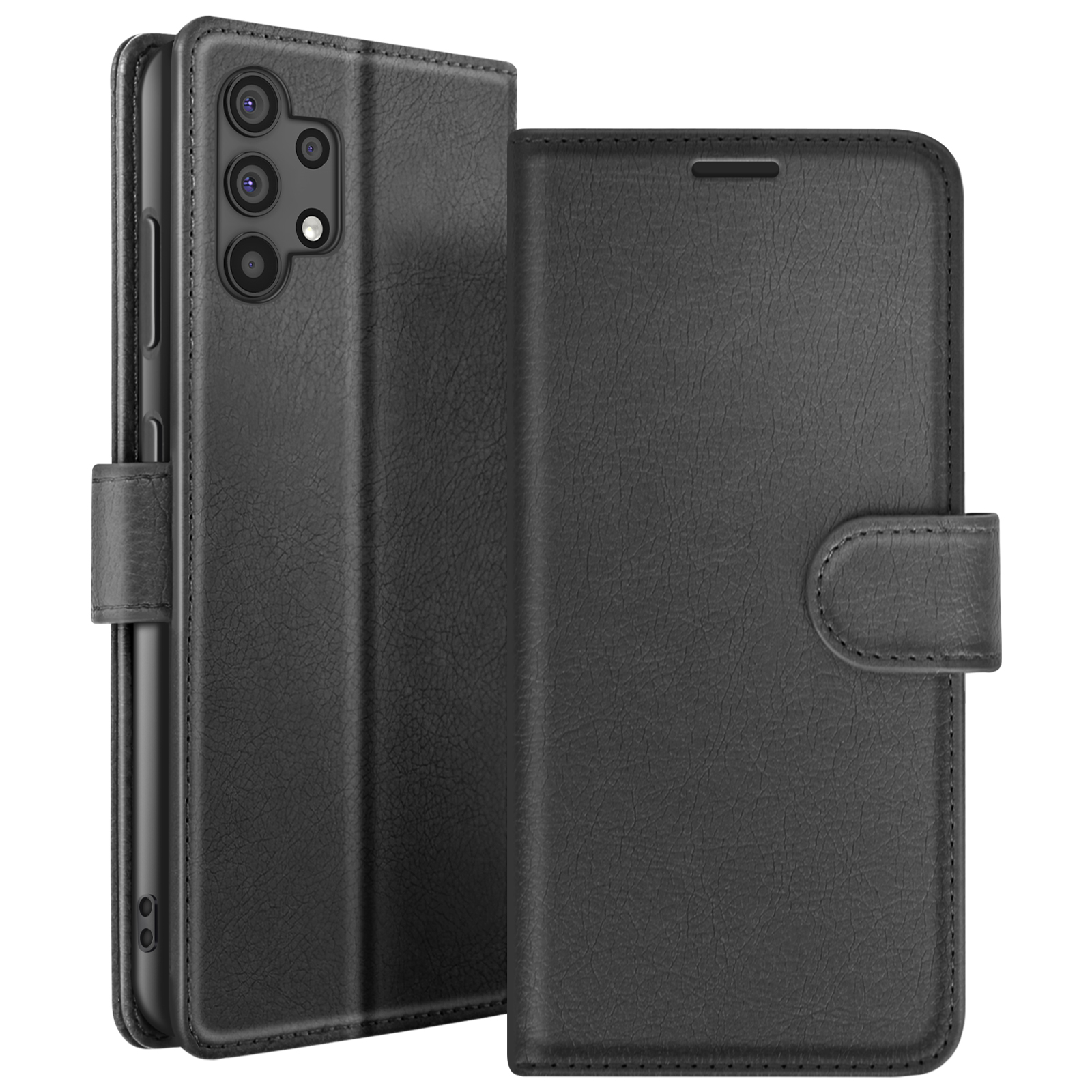 Un étui de téléphone en cuir noir, avec le téléphone à l'intérieur. Il a un rabat avec fermeture magnétique.