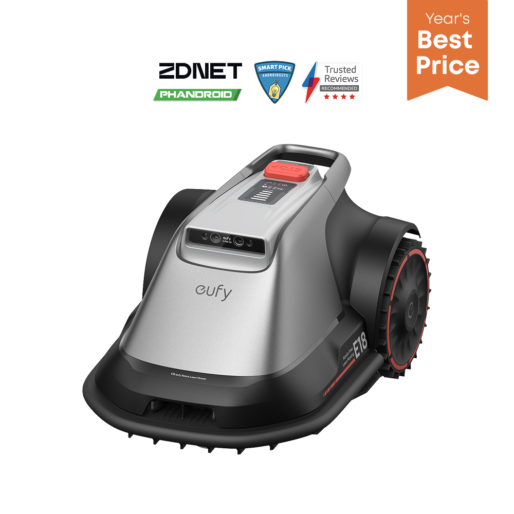 Ein silberner und schwarzer Eufy-Roboterrasenmäher mit roten Akzenten. Logos von Auszeichnungen und 'Year's Best Price' sind oben.