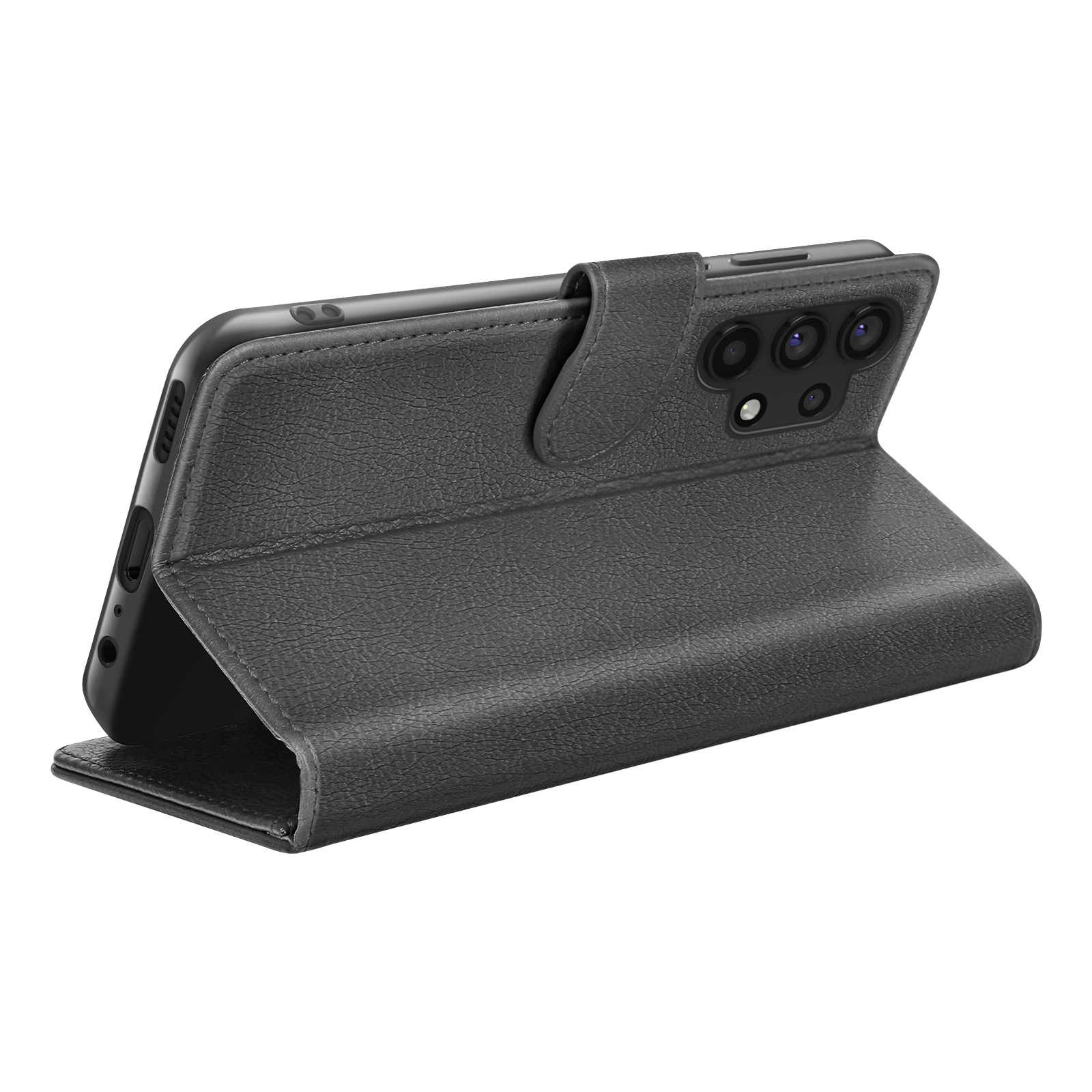 Un téléphone noir dans un étui en cuir sur fond blanc. L'étui est ouvert, montrant l'écran et la caméra du téléphone.