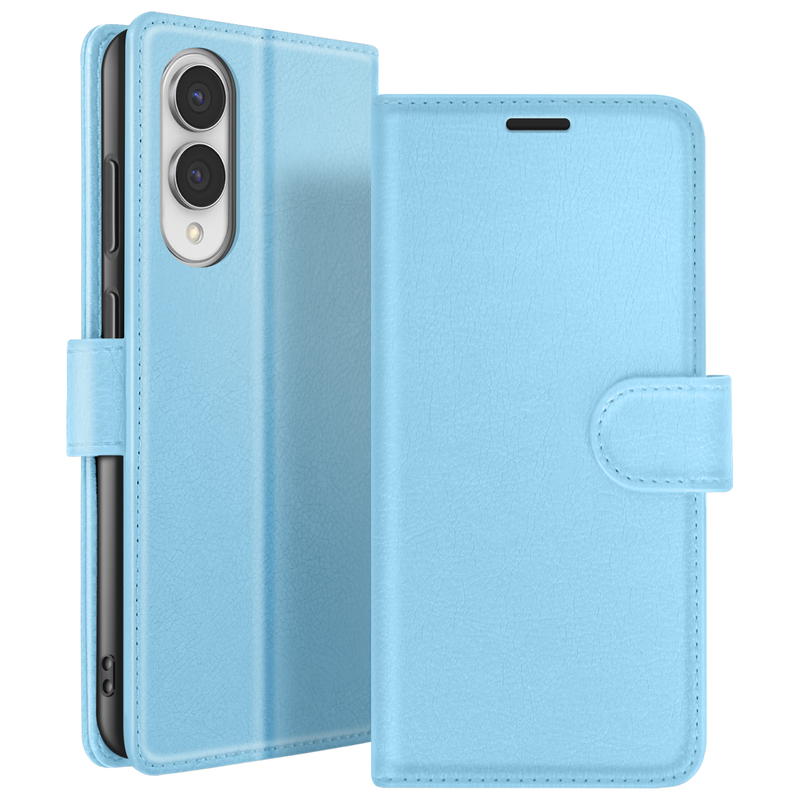 Un étui de téléphone bleu clair, ouvert pour révéler le téléphone. L'étui a une finition texturée et une fermeture magnétique.