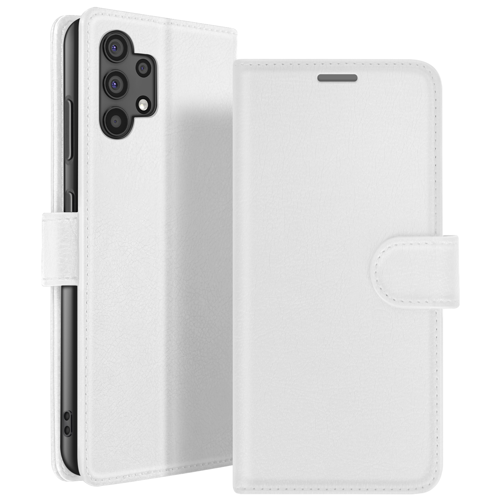 Witte telefoonhoes met een portemonnee-ontwerp. Het toont de telefoon en de open hoes. De hoes heeft een knoopsluiting.