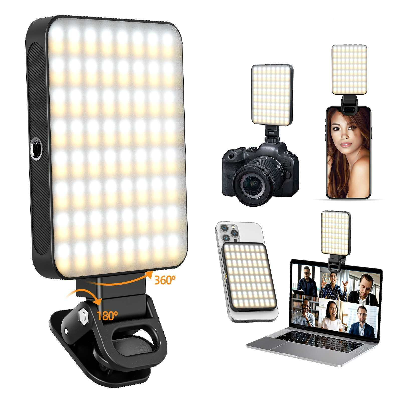 Ein rechteckiges LED-Licht mit Clip wird auf weißem Hintergrund gezeigt. Mehrere Geräte verwenden das Licht, wie Kamera, Telefon und Laptop.