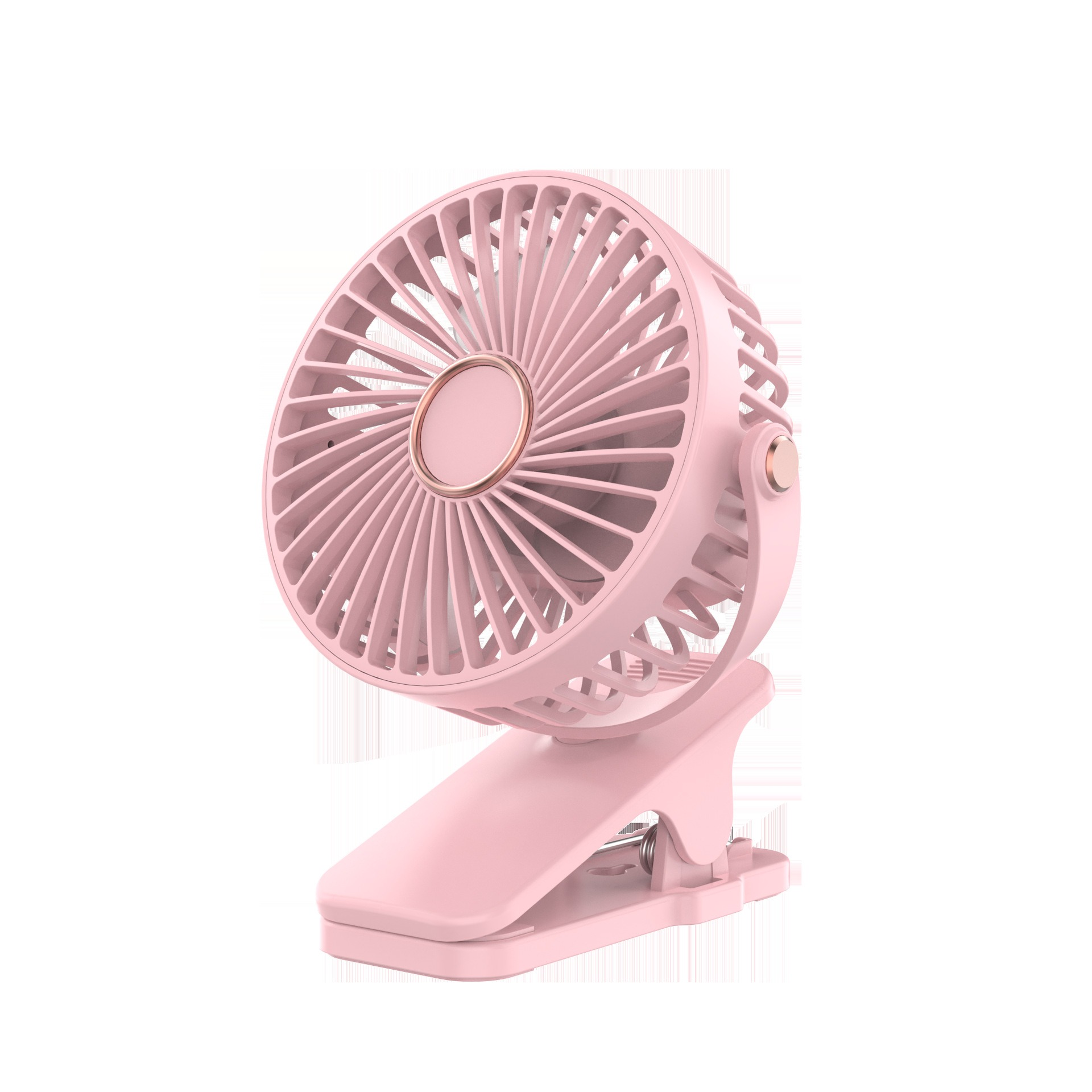 Ein rosa tragbarer Ventilator mit Clip. Er hat einen kreisförmigen Ventilatorkopf mit Flügeln und einer goldenen Mitte. Auf weißem Hintergrund.