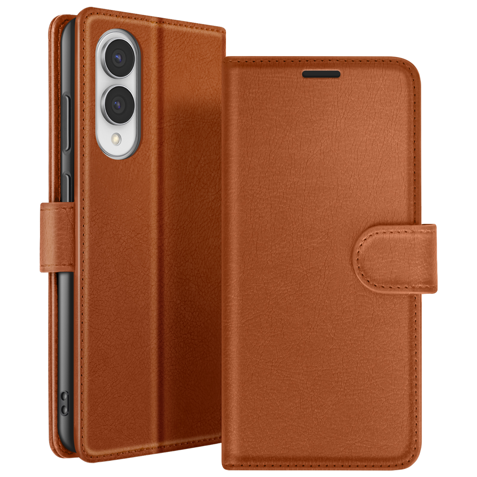 Een bruine leren telefoonhoes is open en toont een telefoon. De hoes heeft een knop en een magnetische sluiting.