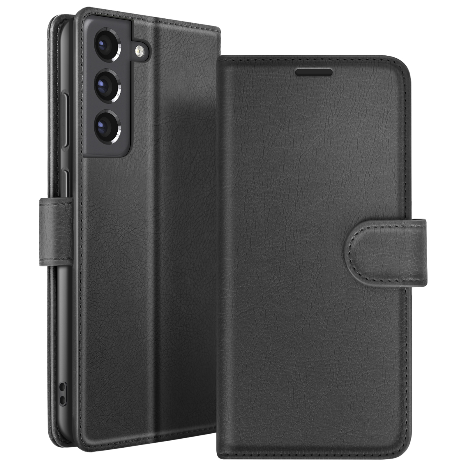 Un étui de téléphone en cuir noir, ouvert. Les caméras du téléphone et l'intérieur de l'étui, y compris une fermeture, sont visibles.