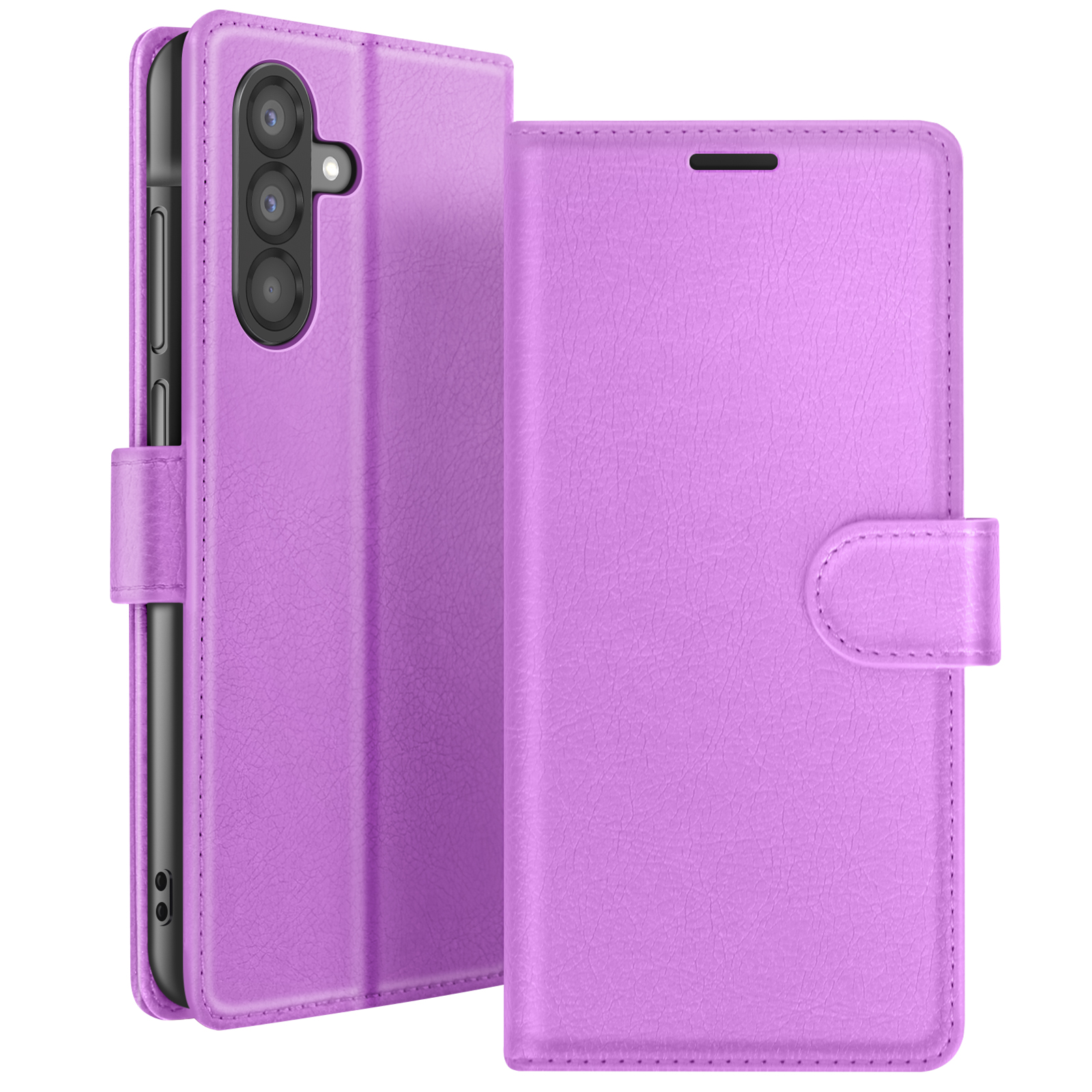 Een paarse telefoonhoes, open om de telefoon te onthullen. De hoes heeft een klep en een knoopsluiting. De telefoon heeft drie camera's.