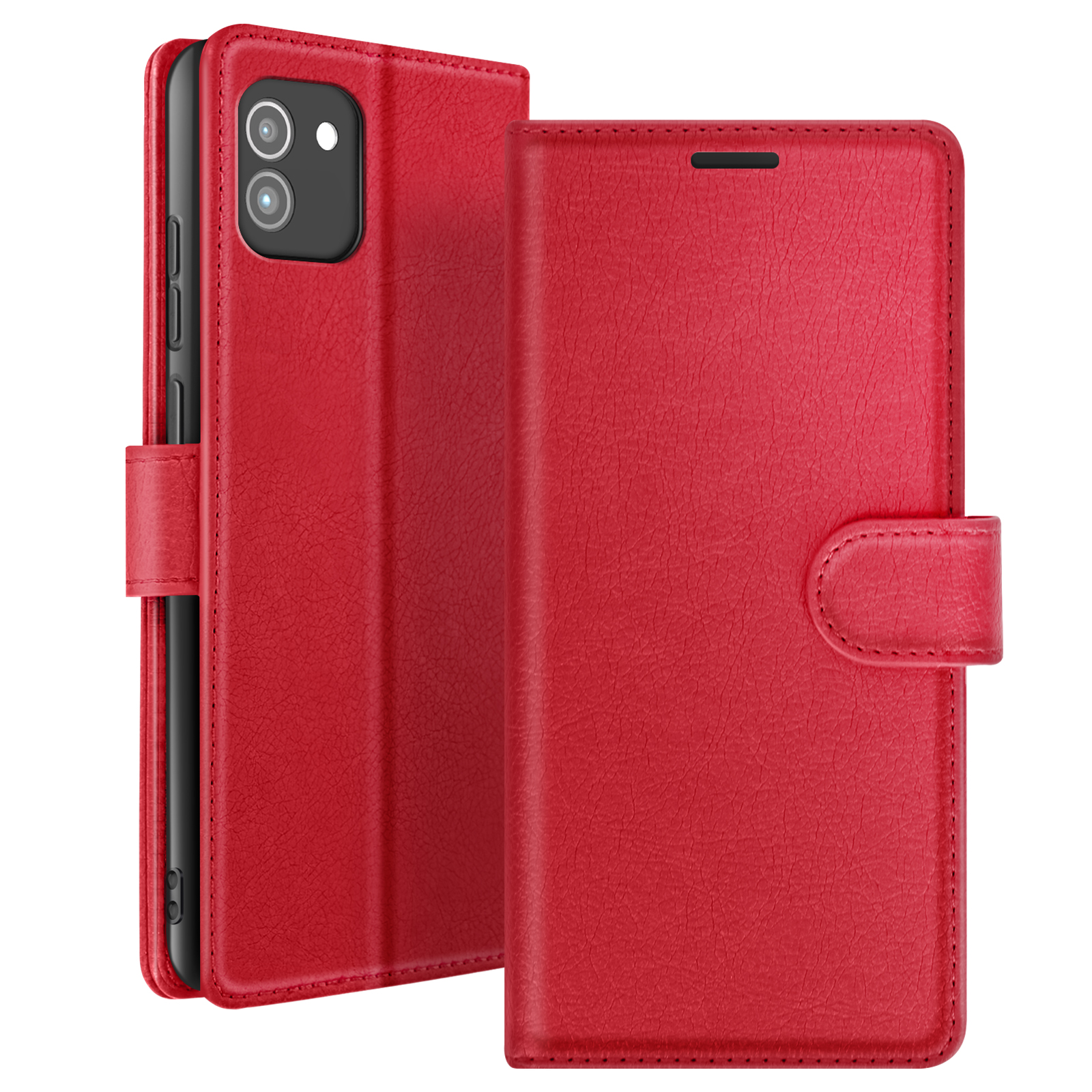 Étui de téléphone rouge, ouvert et fermé. L'étui ouvert montre un téléphone. L'étui fermé a un bouton.